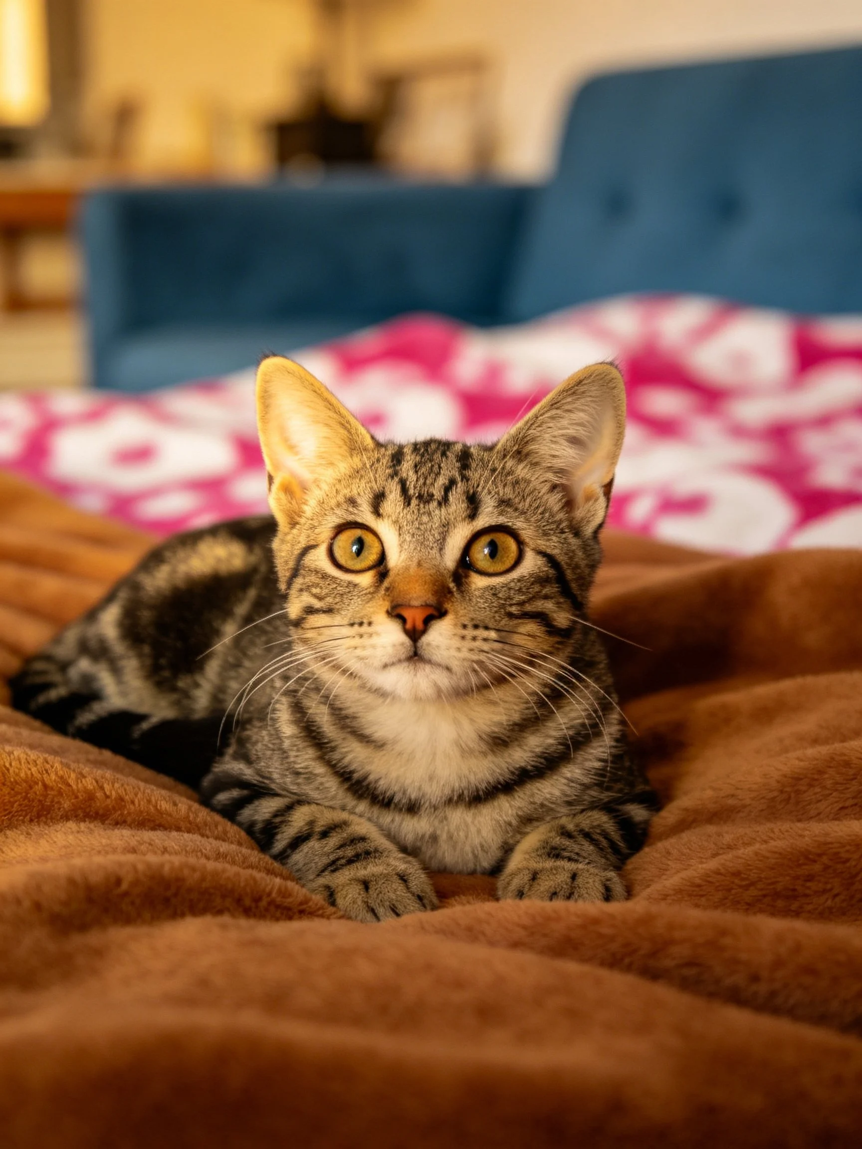 A curious tabby kitten rests on a brown blanket near a pink-patterned bedspread