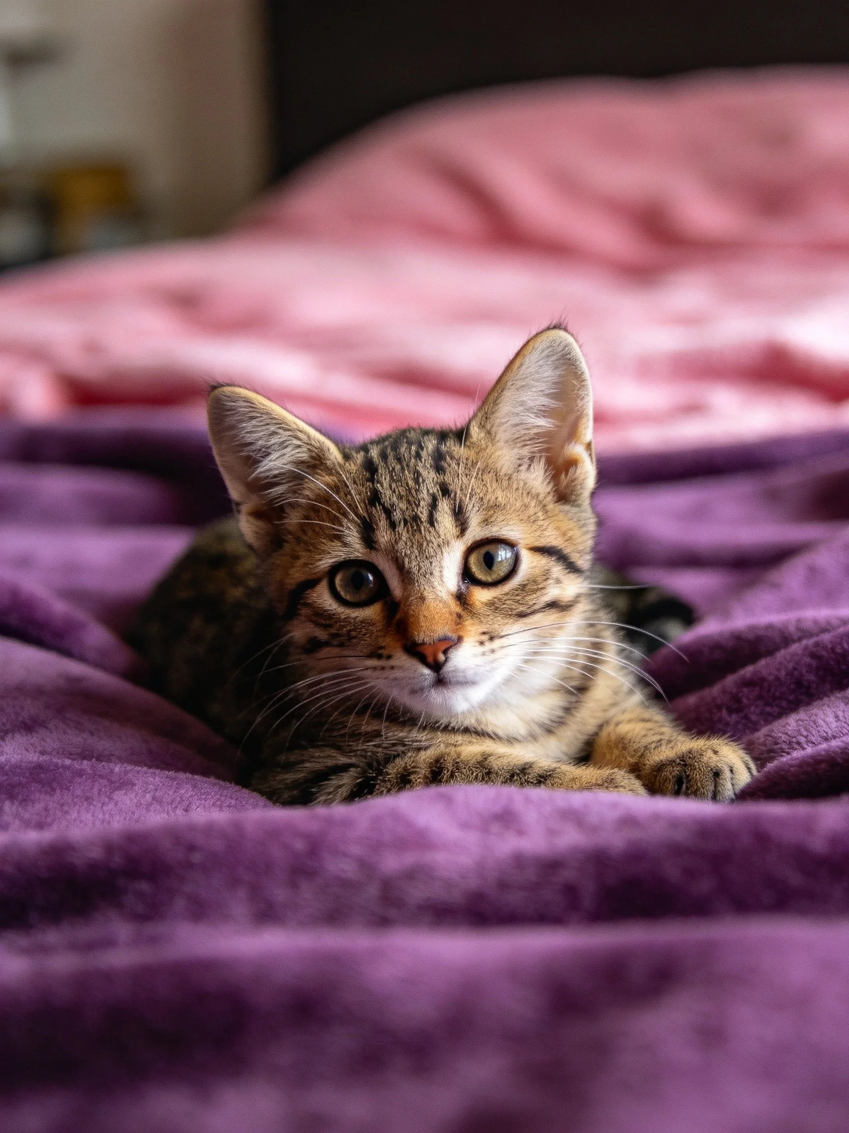 A curious tabby kitten rests on purple and pink bedding