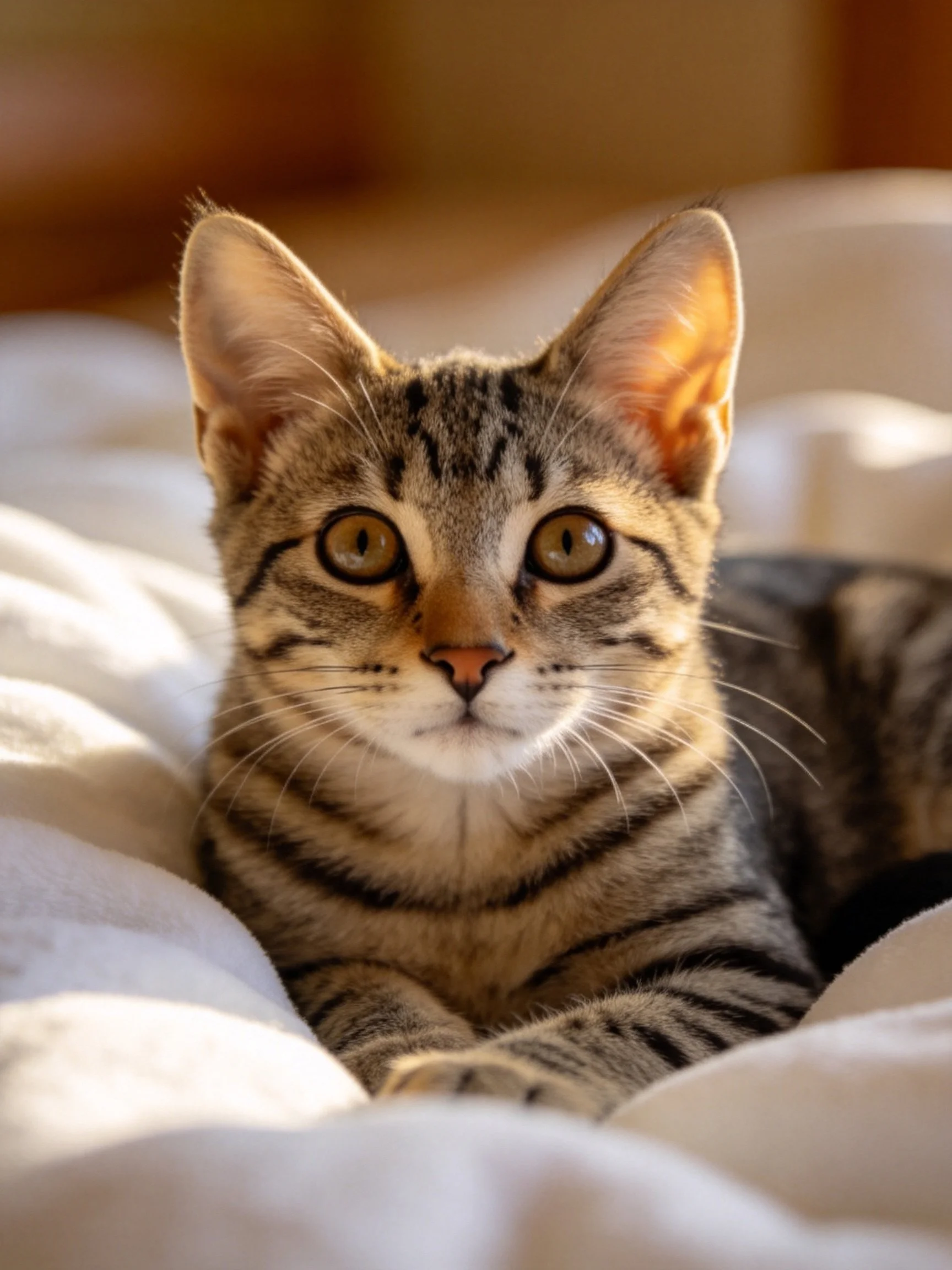A curious tabby kitten restson soft white bedding