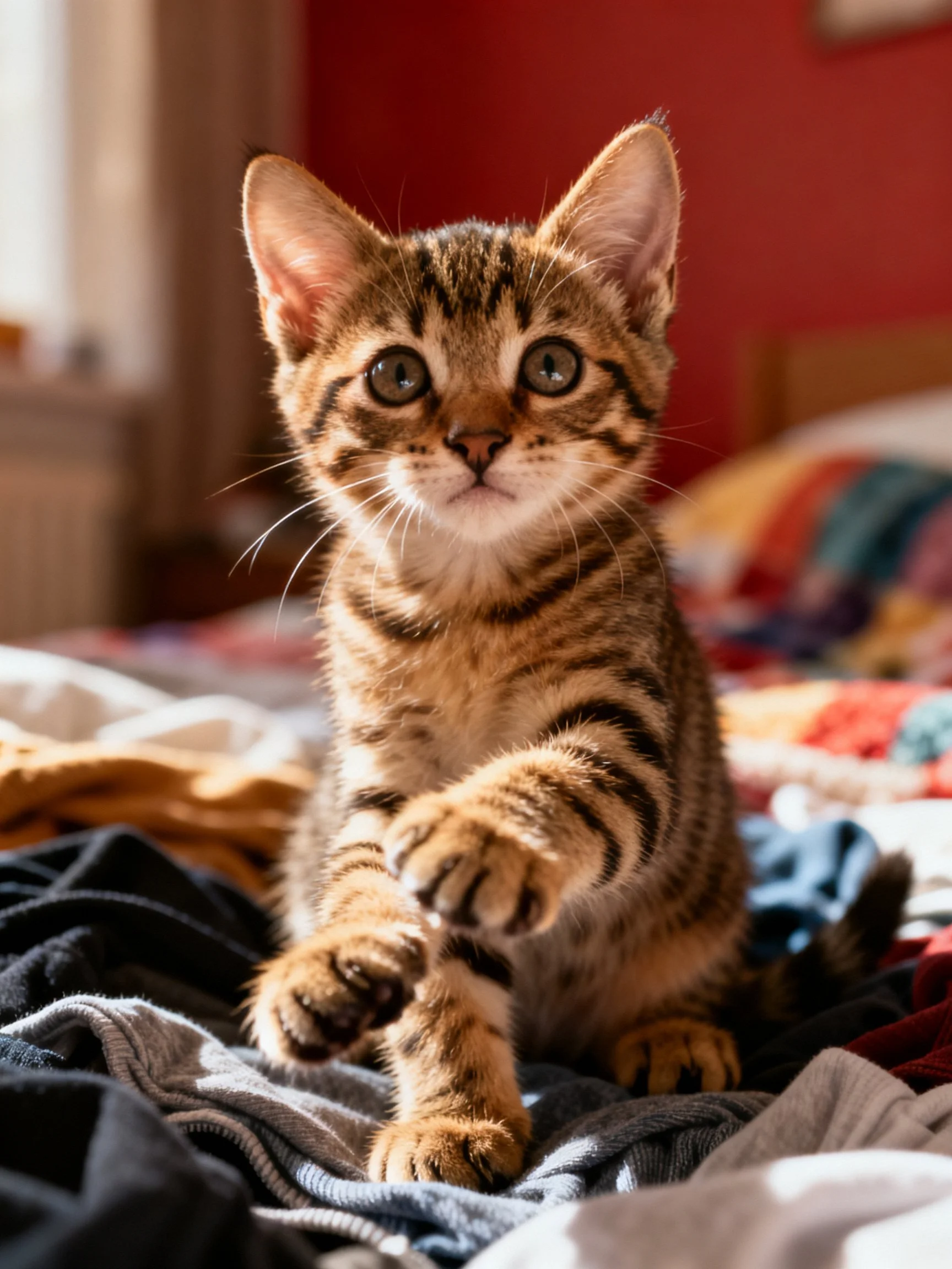 A curious tabby kitten sits among multicolored fabrics in a cozy room