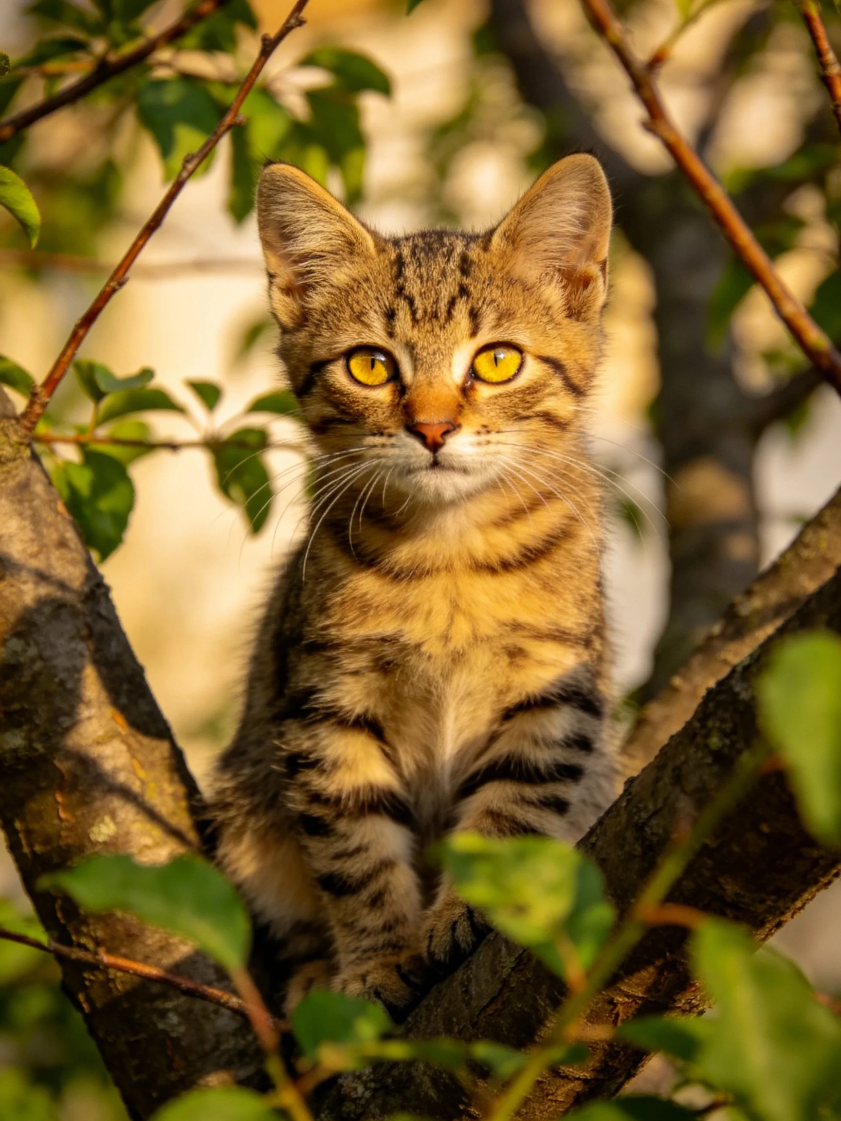 A curious tabby kitten perches among tree branches in a sunlit setting.