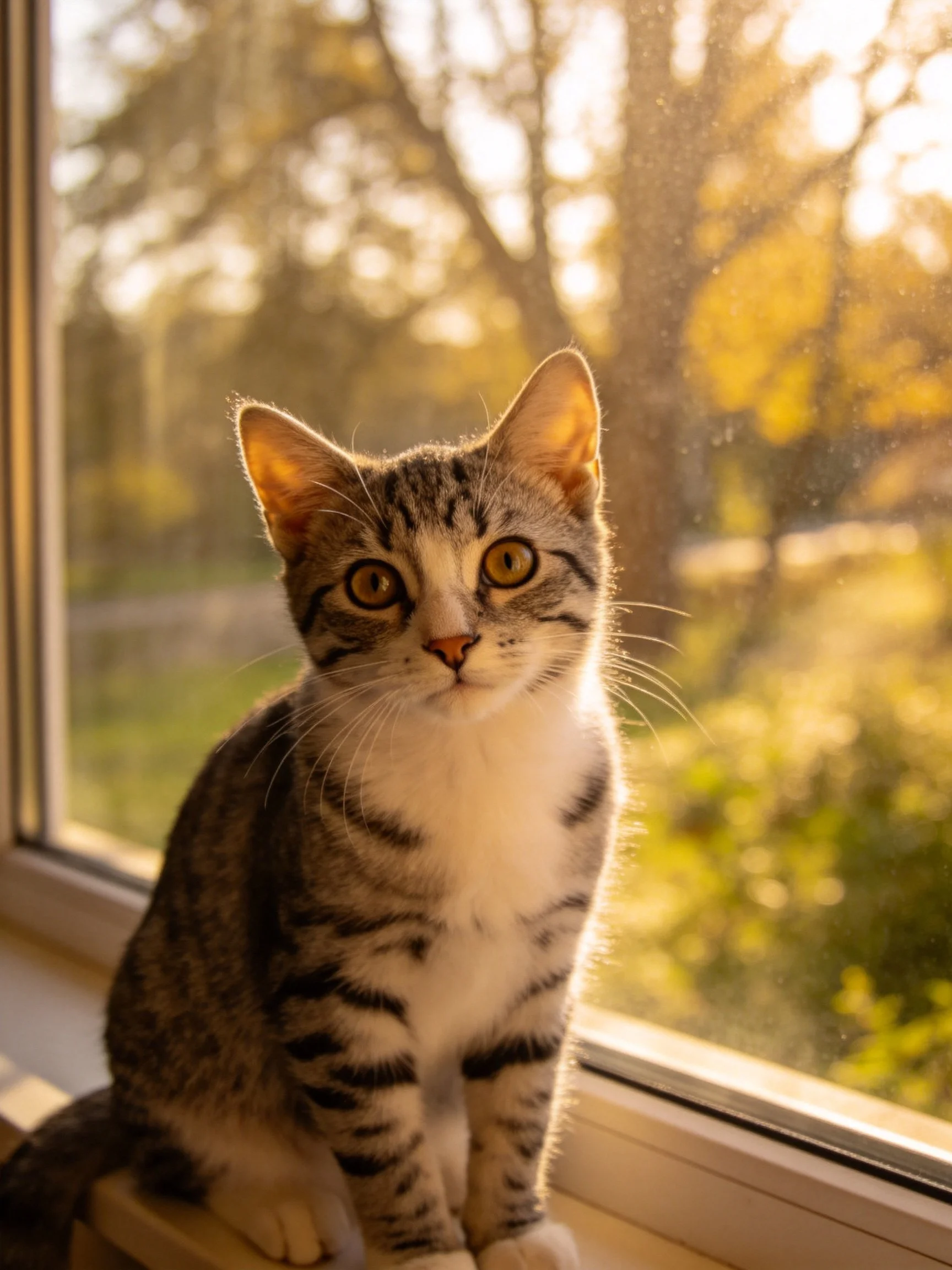 A curious tabby kitten sits by a sunlit window with golden outdoor scenery