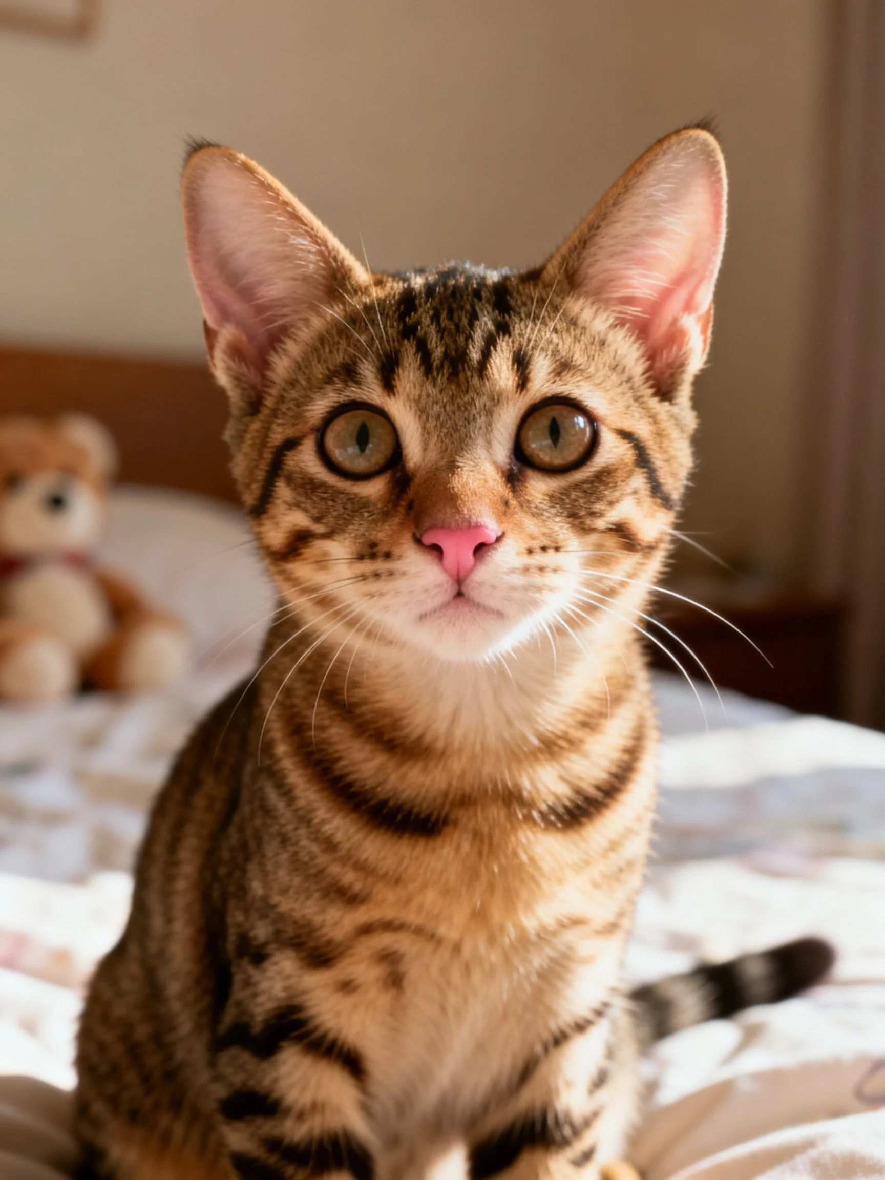 A curious tabby kitten sits on a bed near a teddy bear