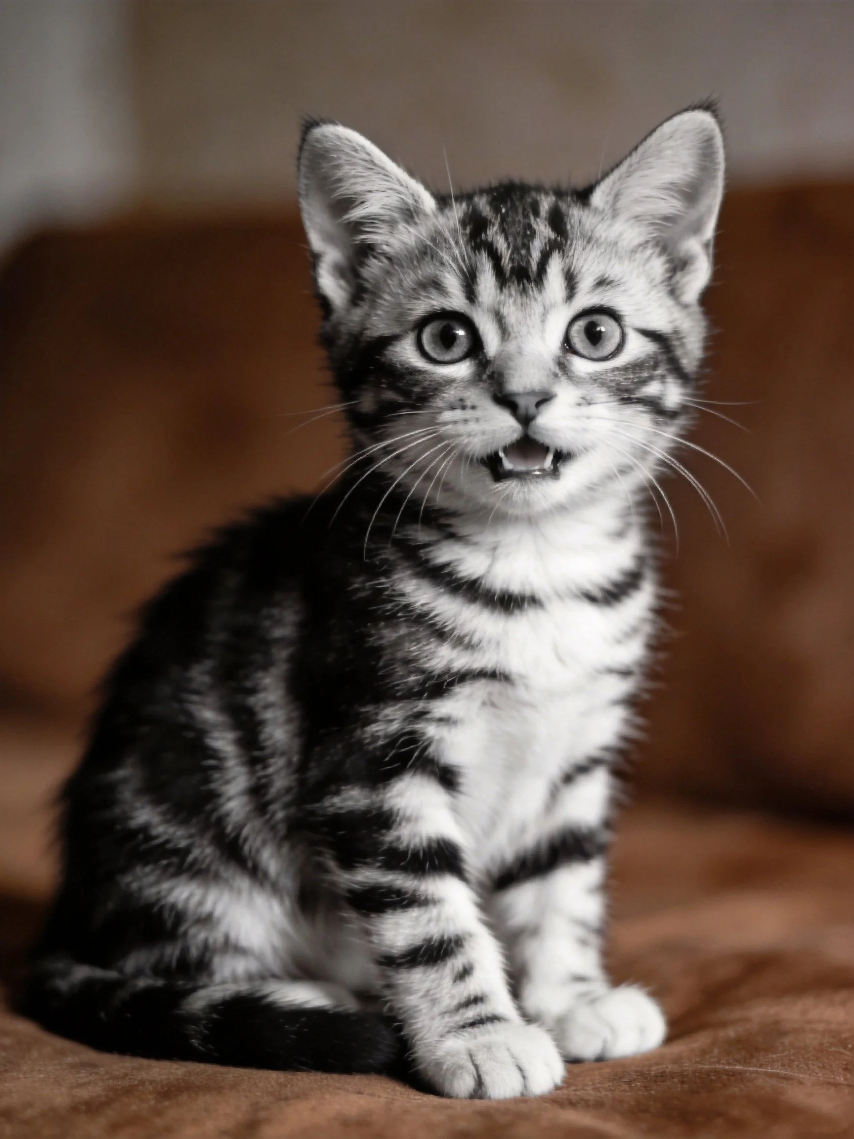 A curious tabby kitten sits on a brown fabric surface with wide eyes.