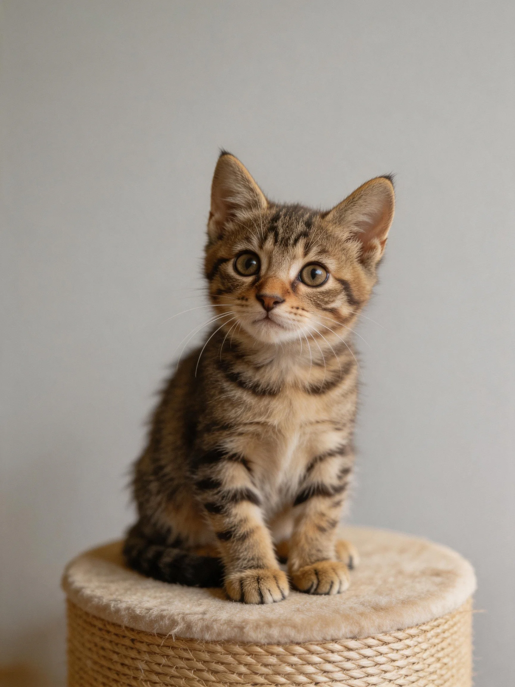 A curious tabby kitten sits on a round scratching post