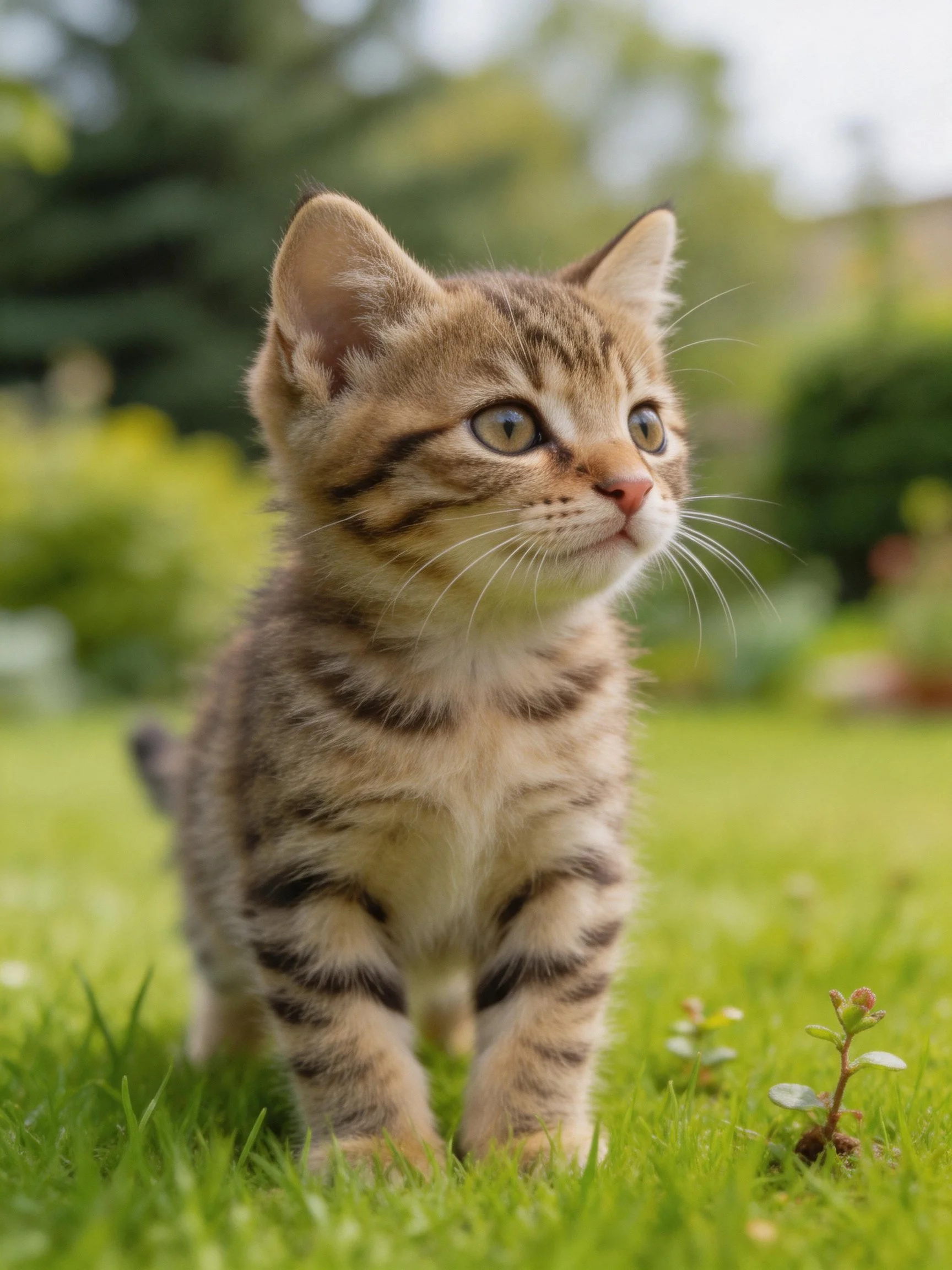 A curious tabby kitten stands attentively on a vibrant green lawn.