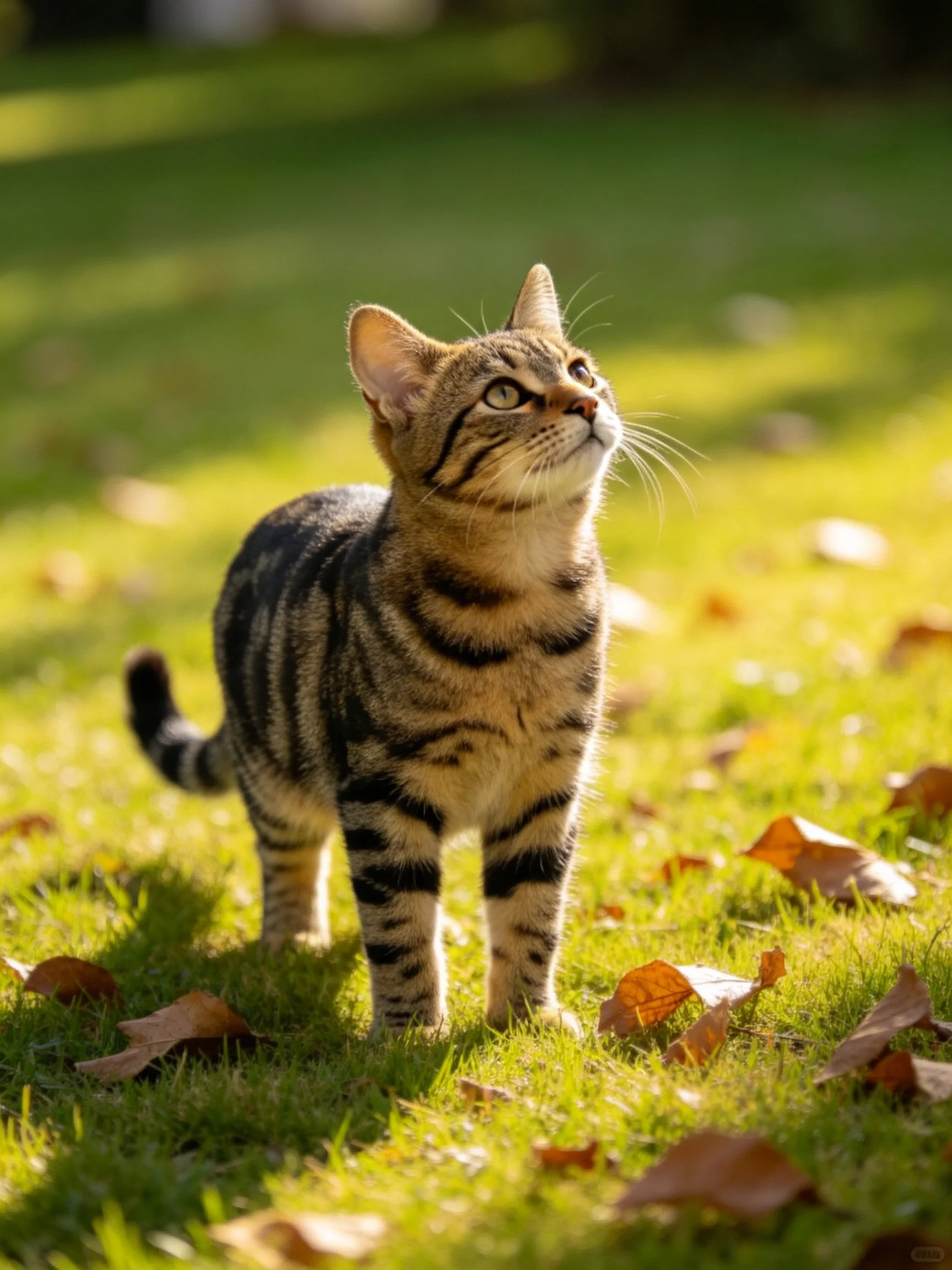 A curious tabby kitten stands on sunlit grass amid scattered autumn leaves