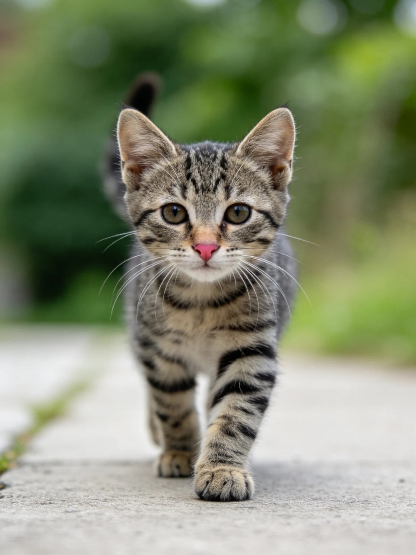 A curious tabby kitten walks toward the camera ona concrete path