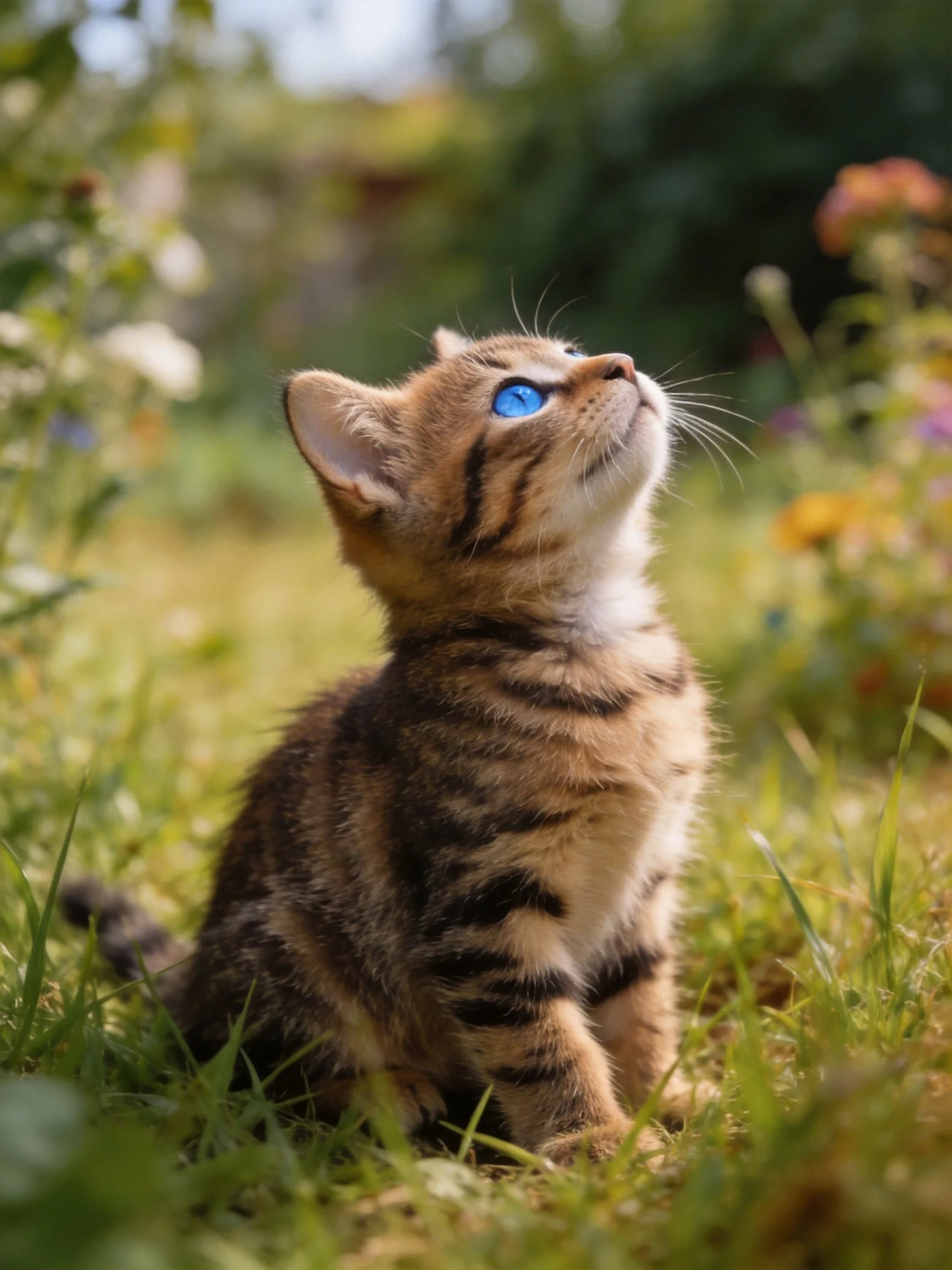 A curious tabby kitten with blue eyes in a flowered meadow