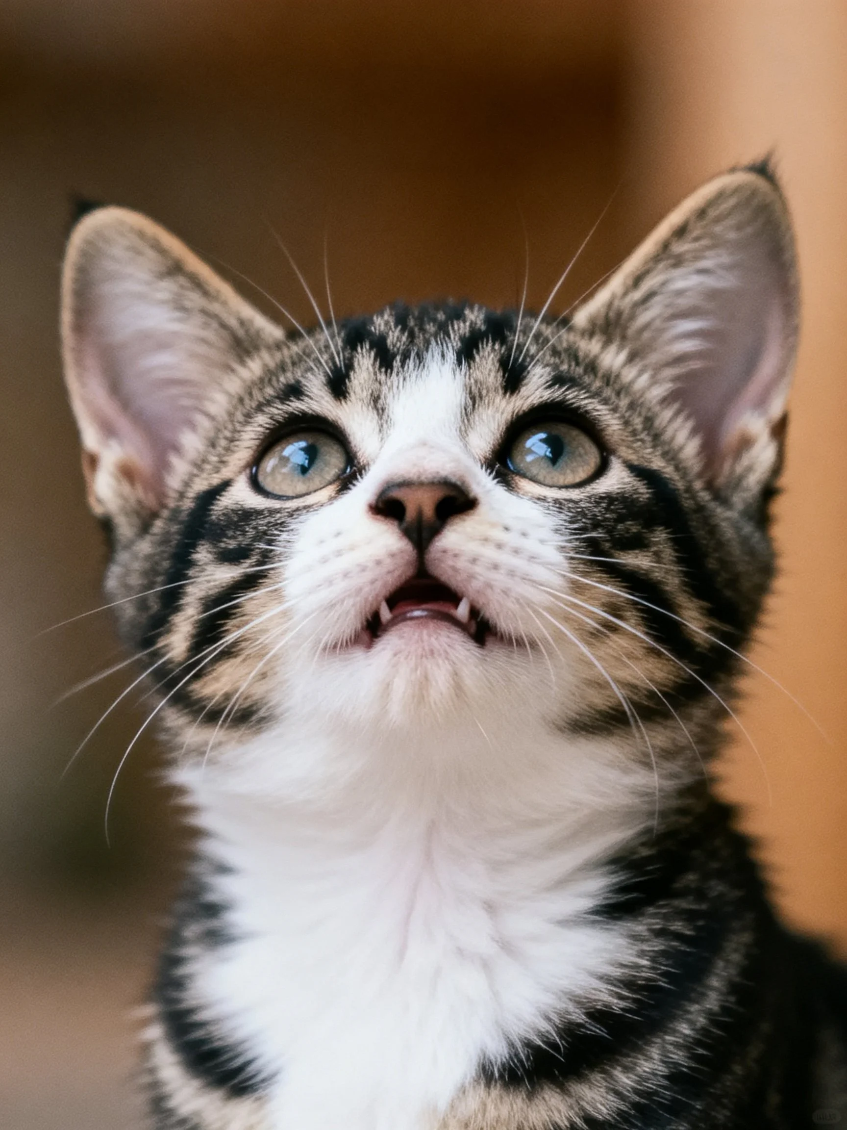 A curious tabby kitten with blue eyes looks upward.