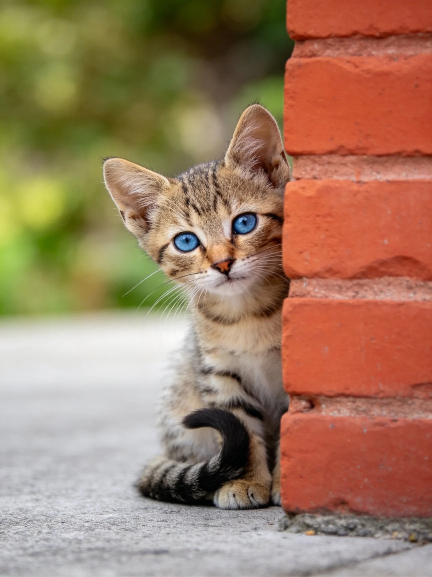 A curious tabby kitten with bright blue eyes hides beside a red brick wall