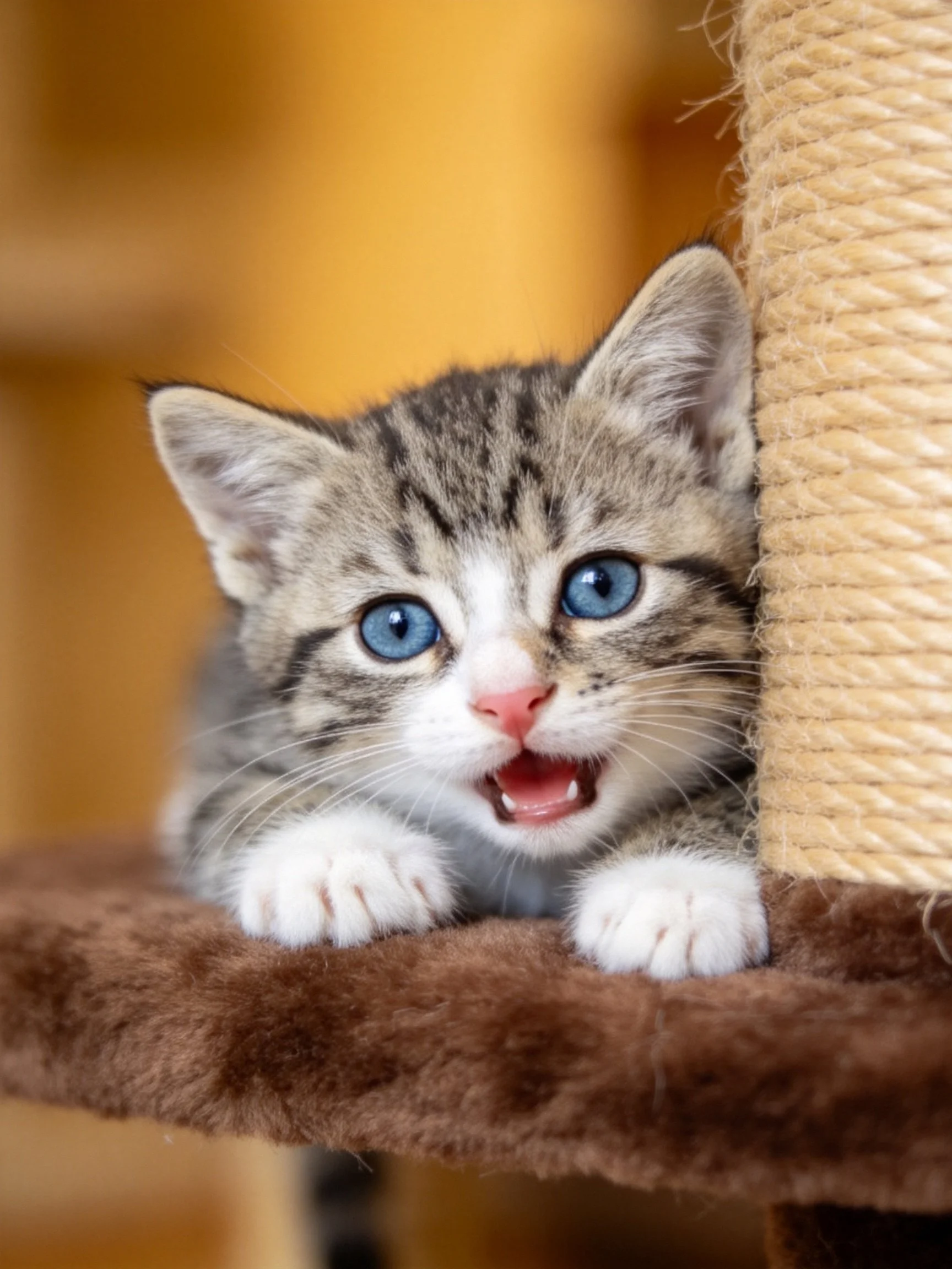 A curious tabby kitten with bright blue eyes rests near a scratching post.