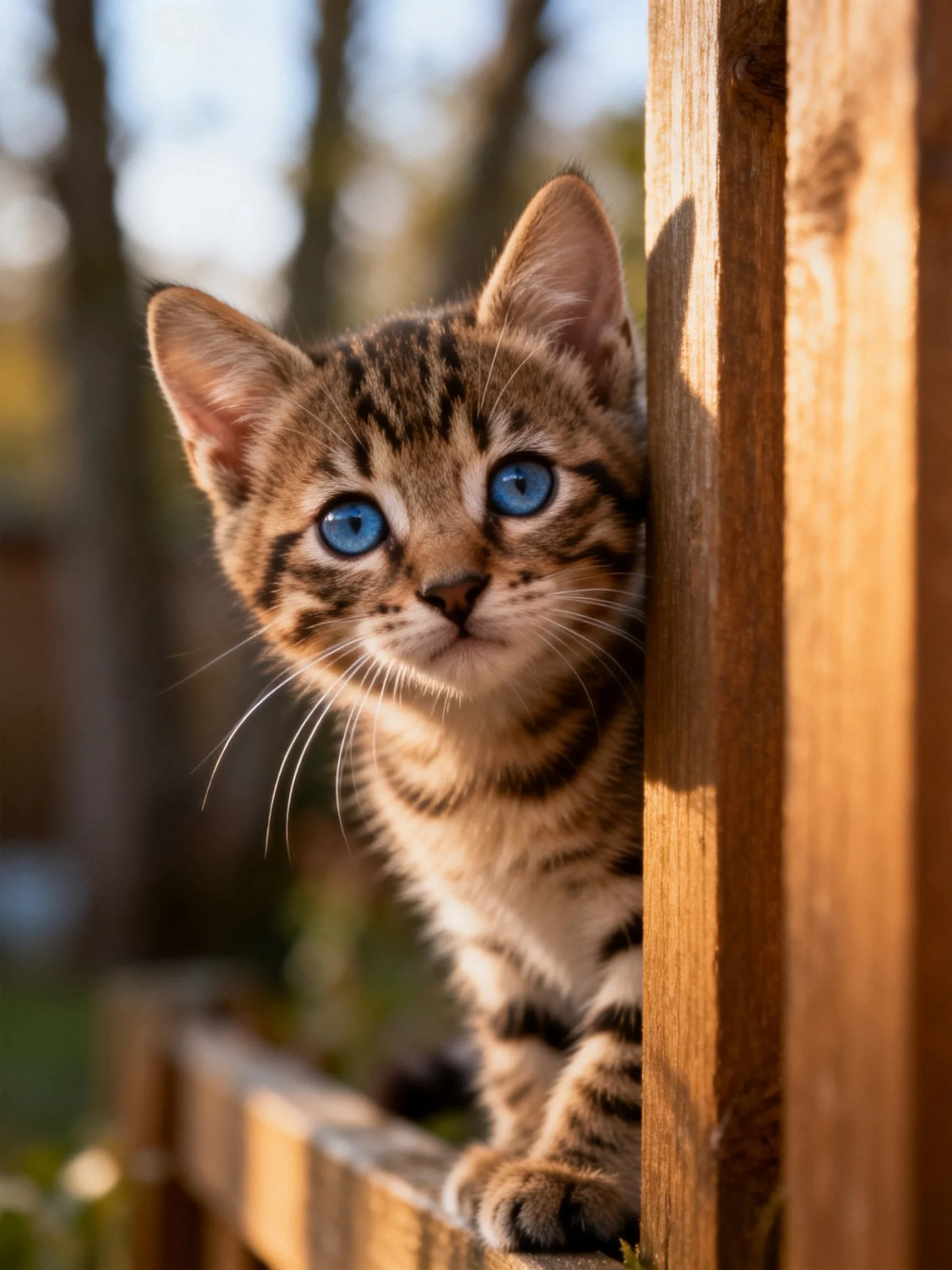 A curious tabby kitten with bright blue eyes peeks from a wooden fence.