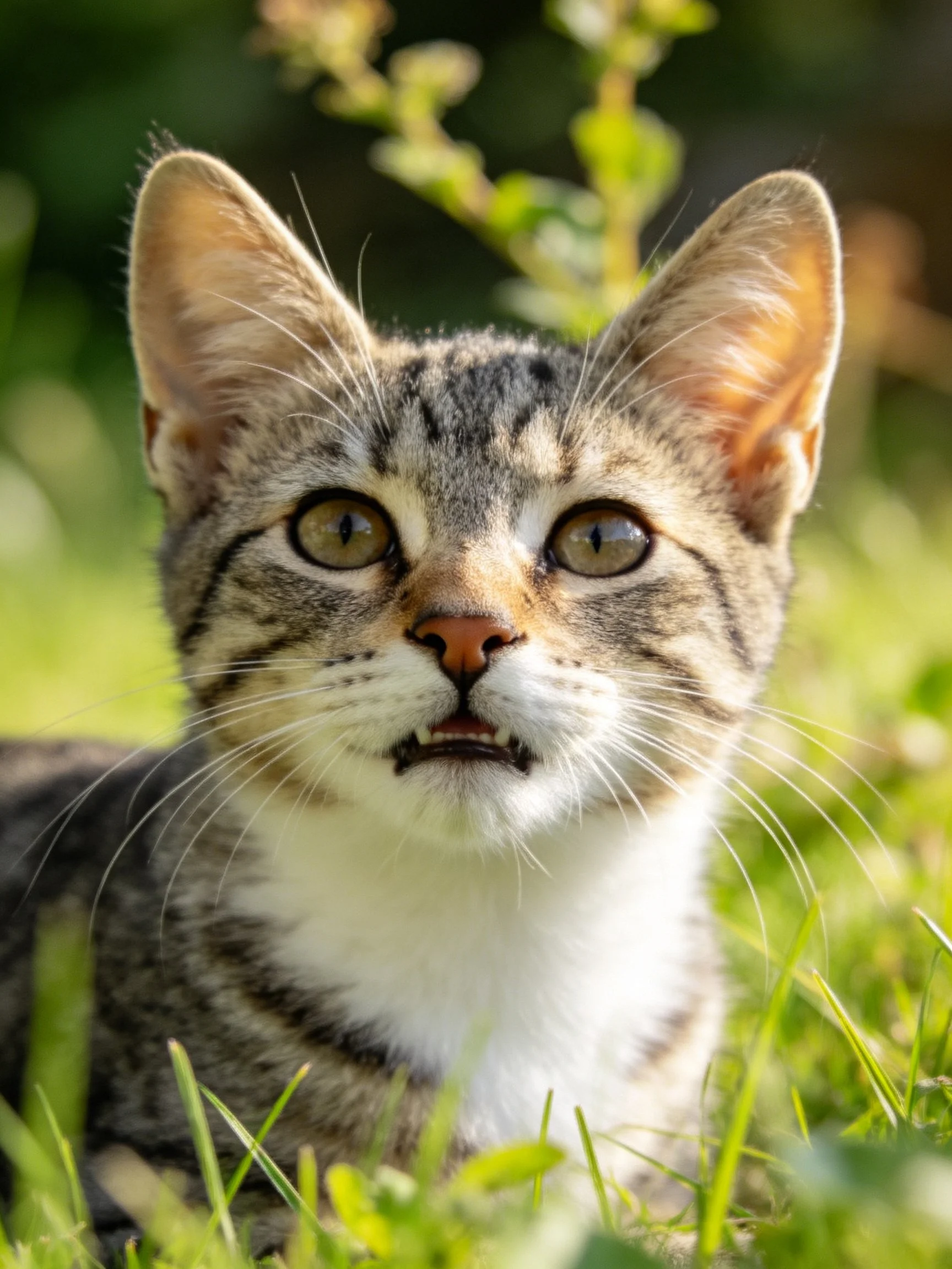 A curious tabby kitten with green eyes in lush grass
