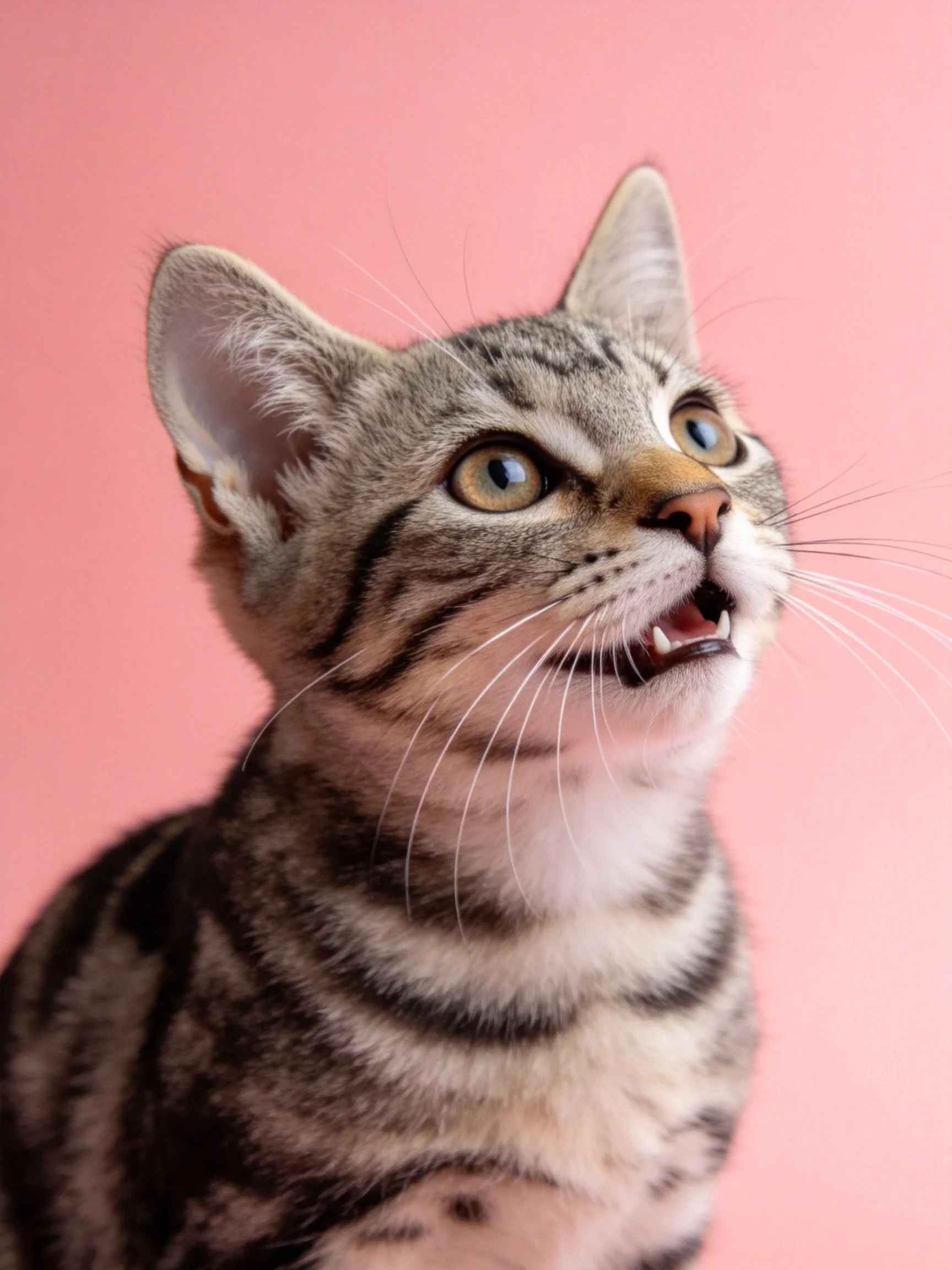 A curious tabby kitten with striped fur against a pink backdrop