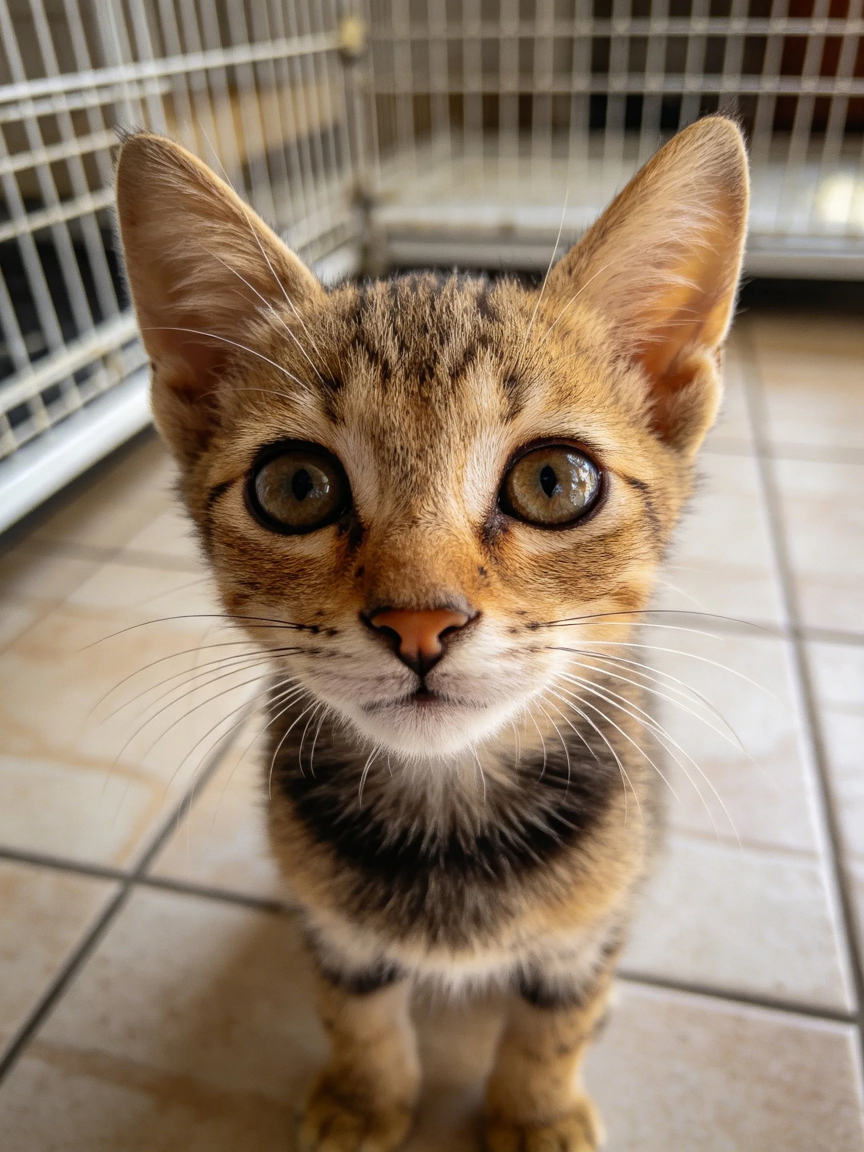 A curious young savannah kitten with spotted fur near a metal cage