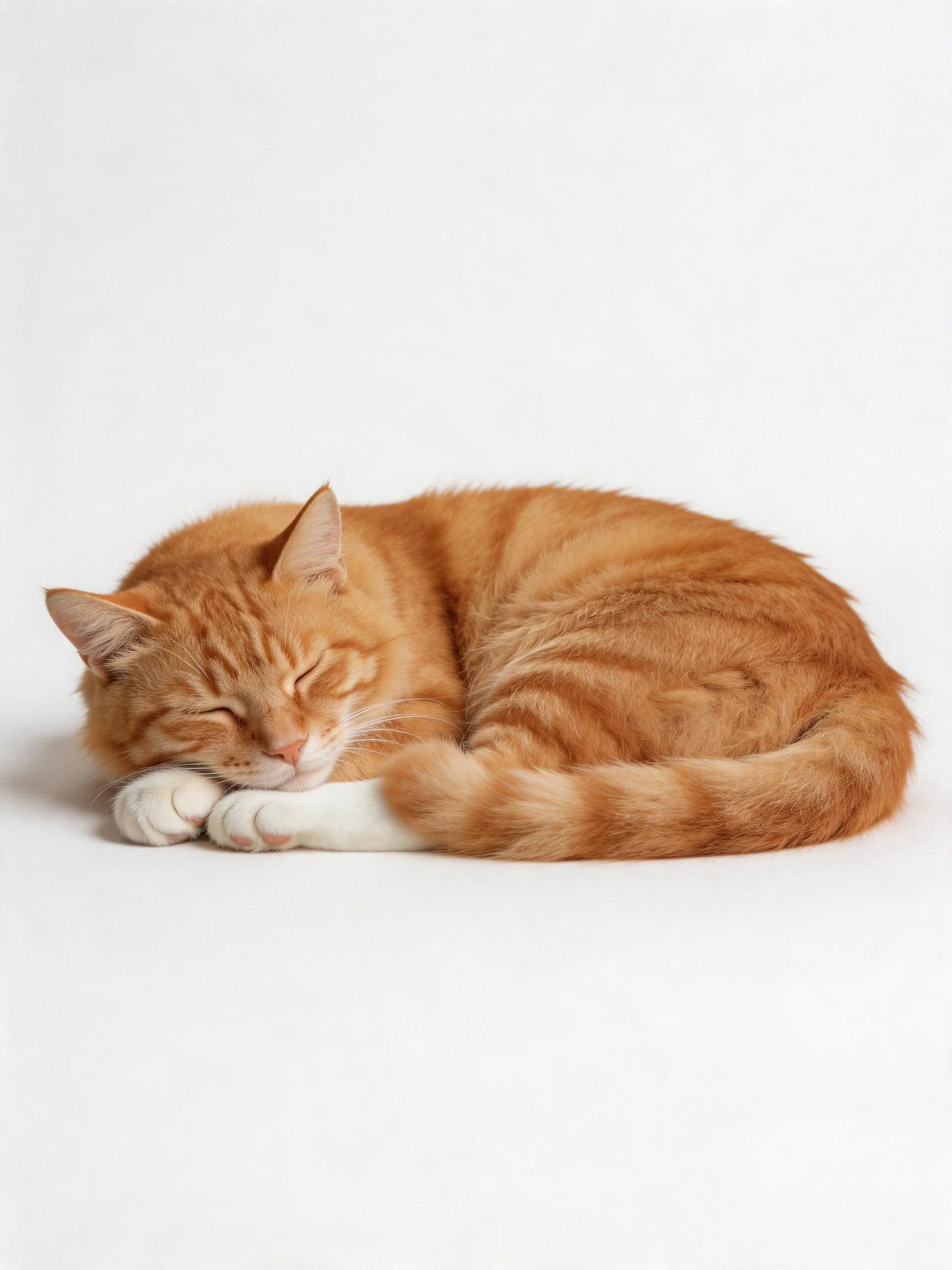 A curled orange tabby cat sleeps on a white surface