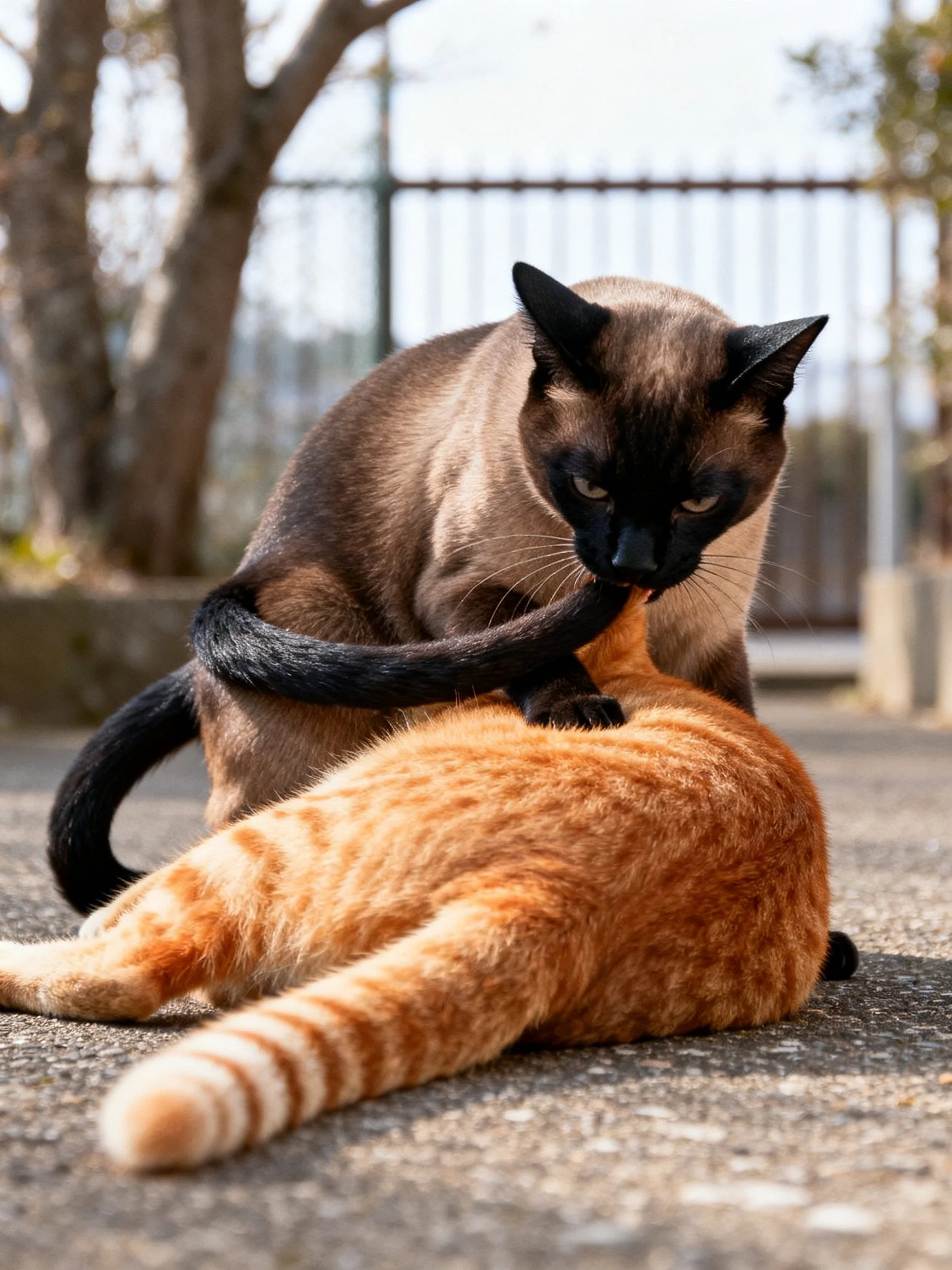 A dark brown Siamese cat interacts with an orange tabby outdoors
