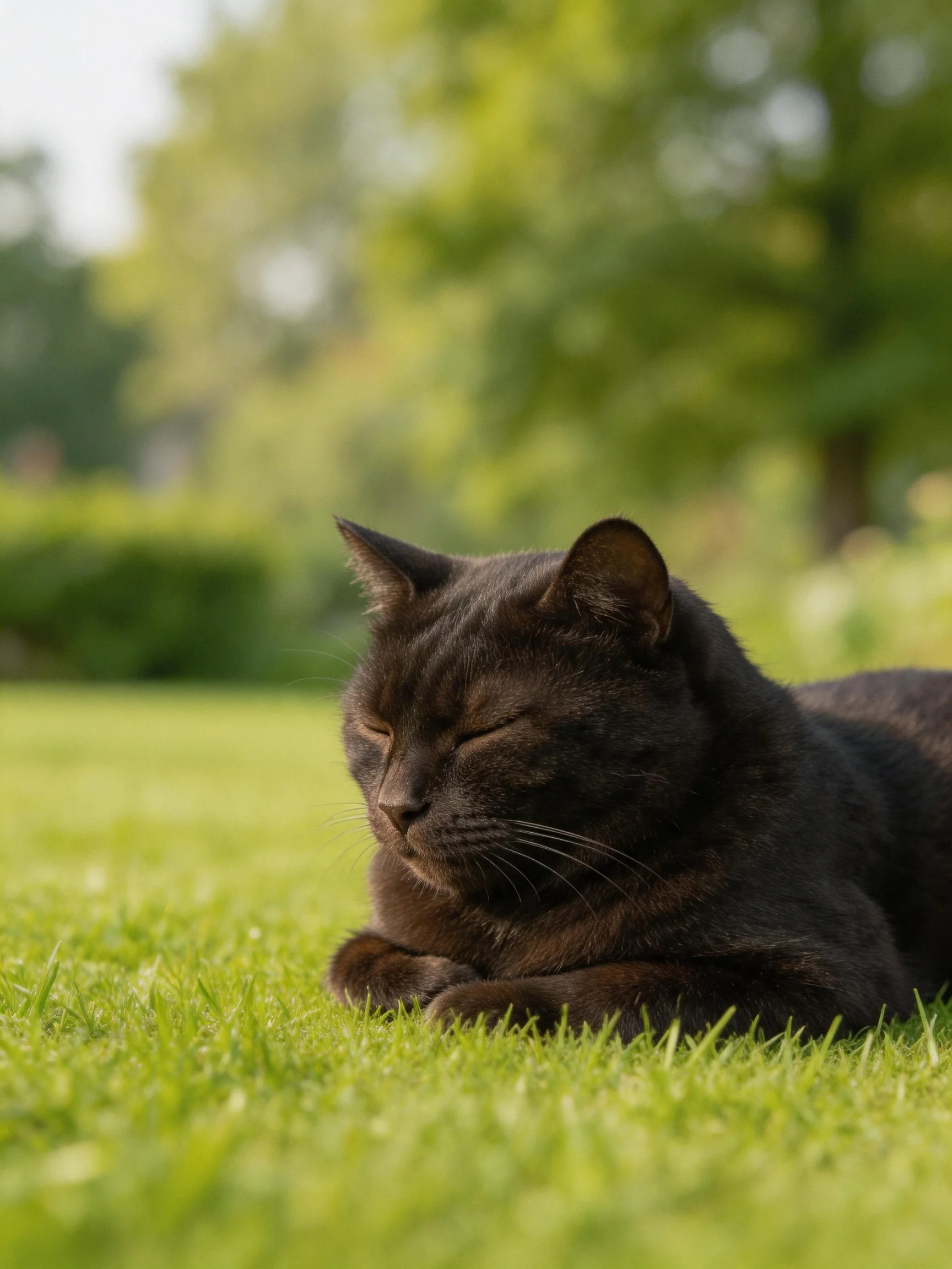 A dark brown cat sleeps peacefully on green grass in a sunny outdoor area