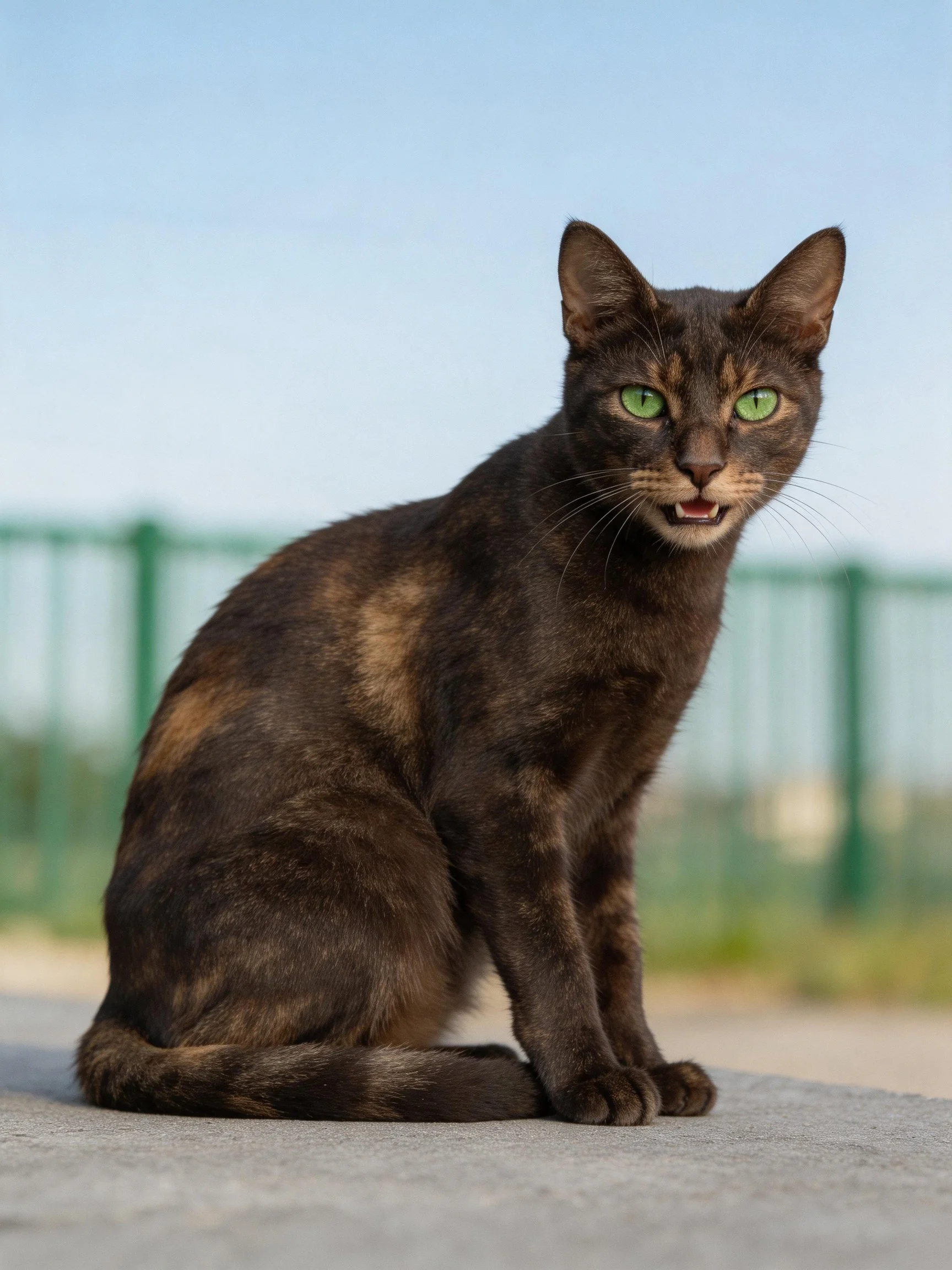 A dark tortoiseshell cat with bright green eyes sits near an outdoor fence