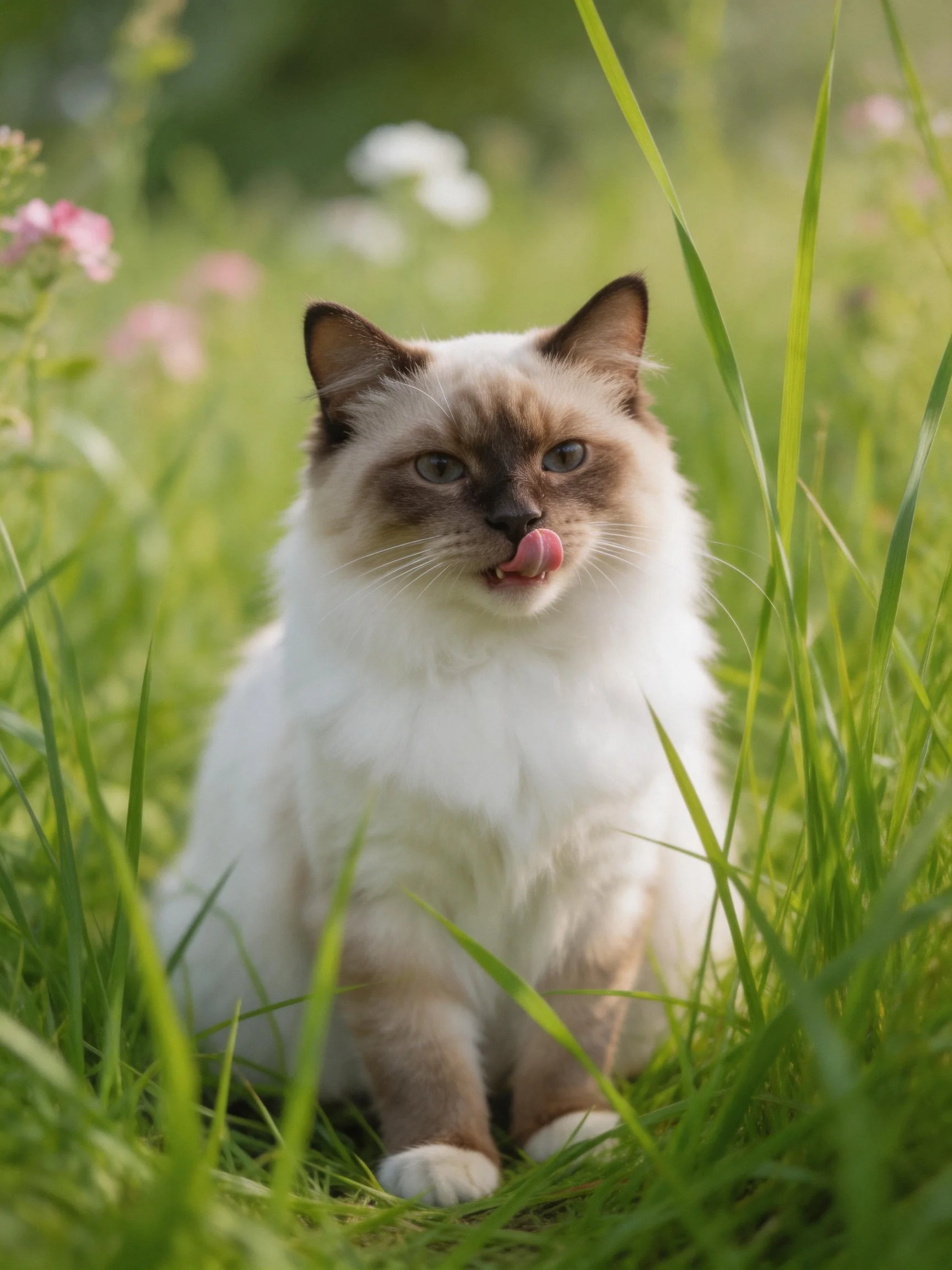 A fluffy Siamese cat sits amidst lush green grass and pink flowers