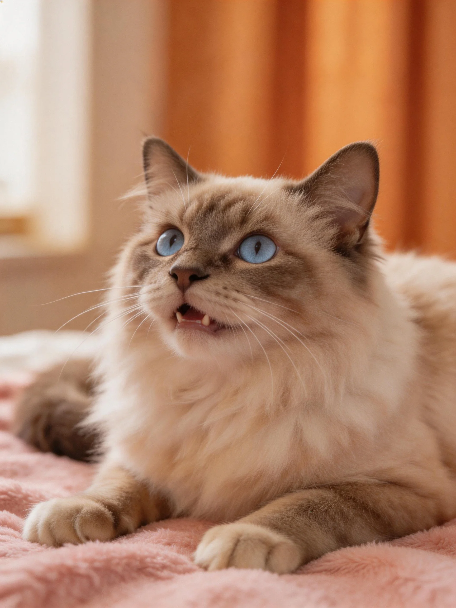 A fluffy Siamese cat with blue eyes relaxes on a pink blanket indoors