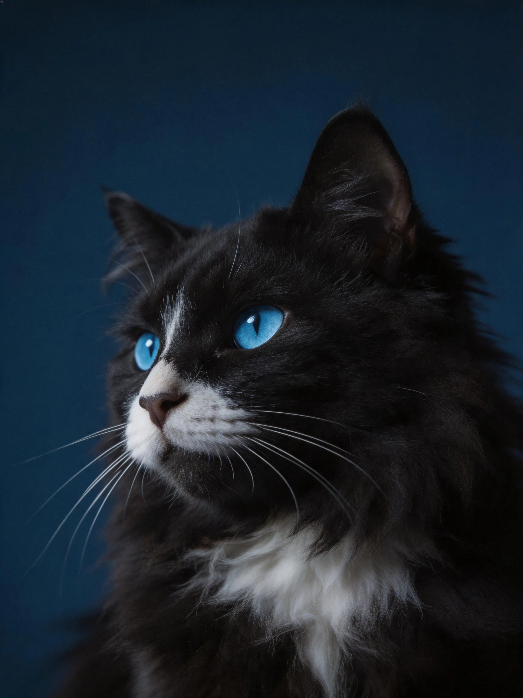 A fluffy black and white cat with vivid blue eyes