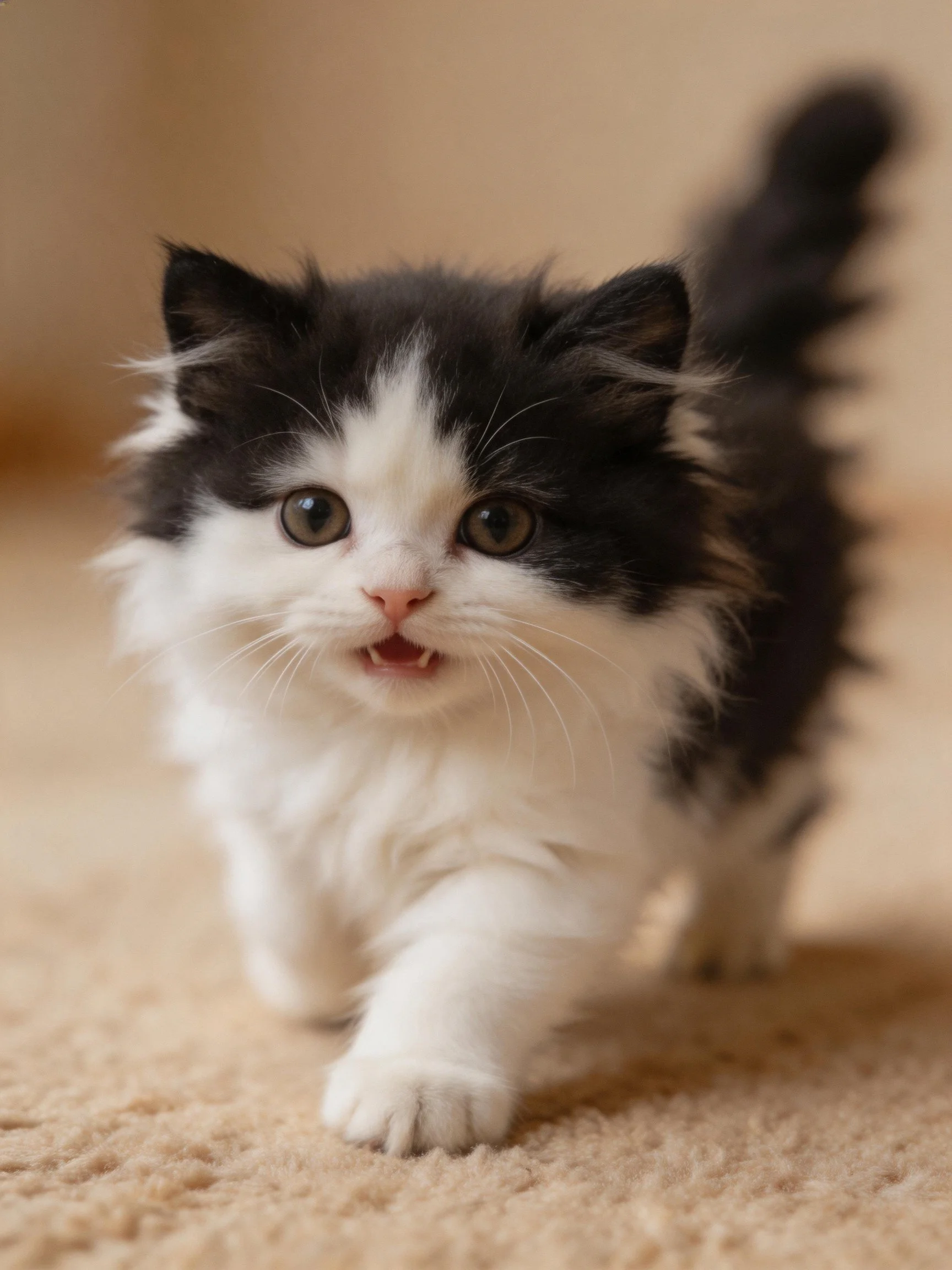 A fluffy black and white kitten walks on a carpet