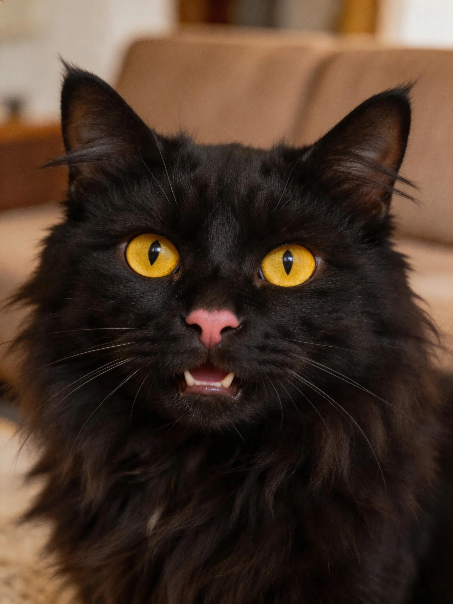 A fluffy black cat with bright yellow eyes sits near a beige couch inside.