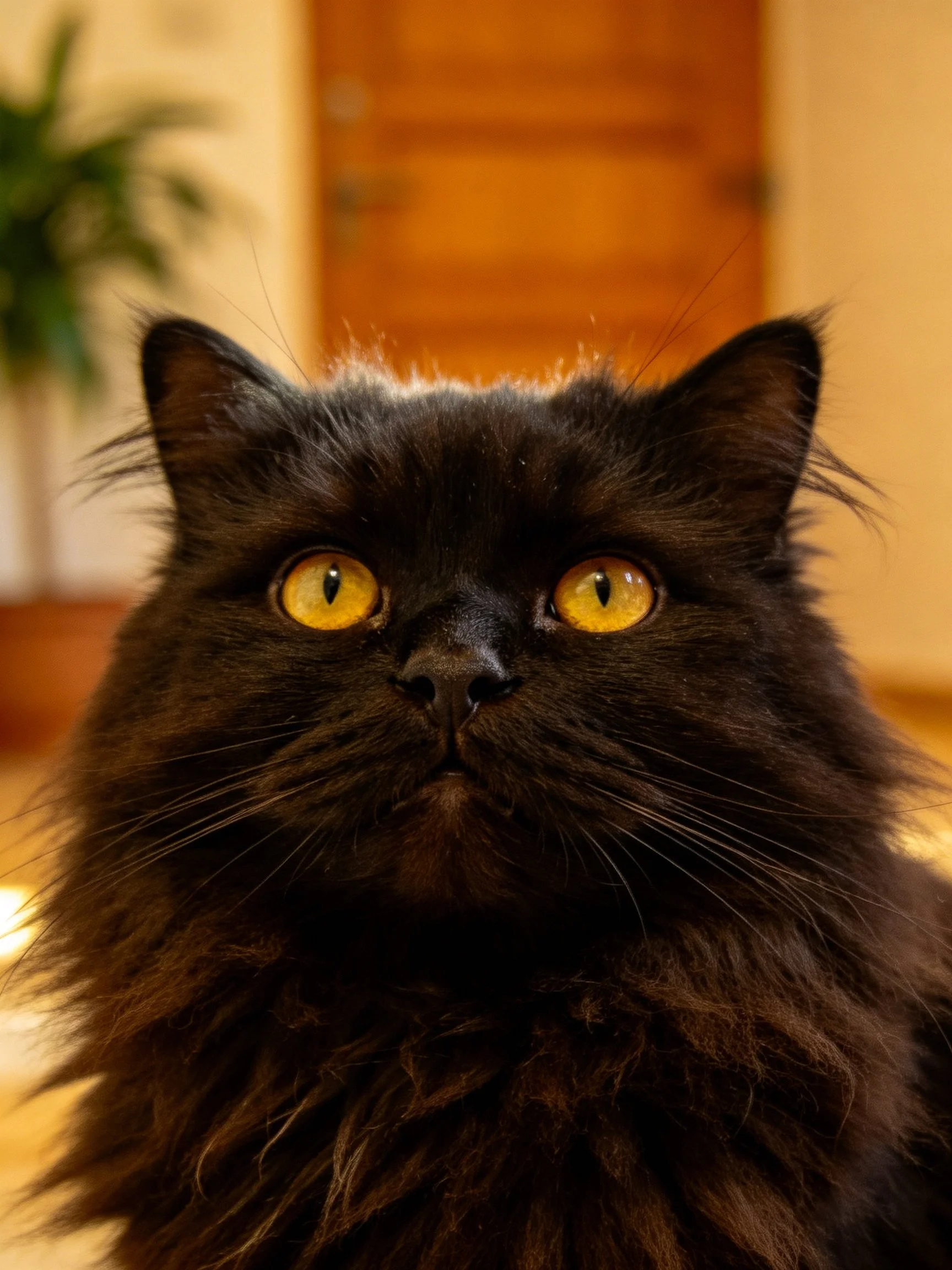 A fluffy black cat with bright yellow eyes gazes directly at the camera.