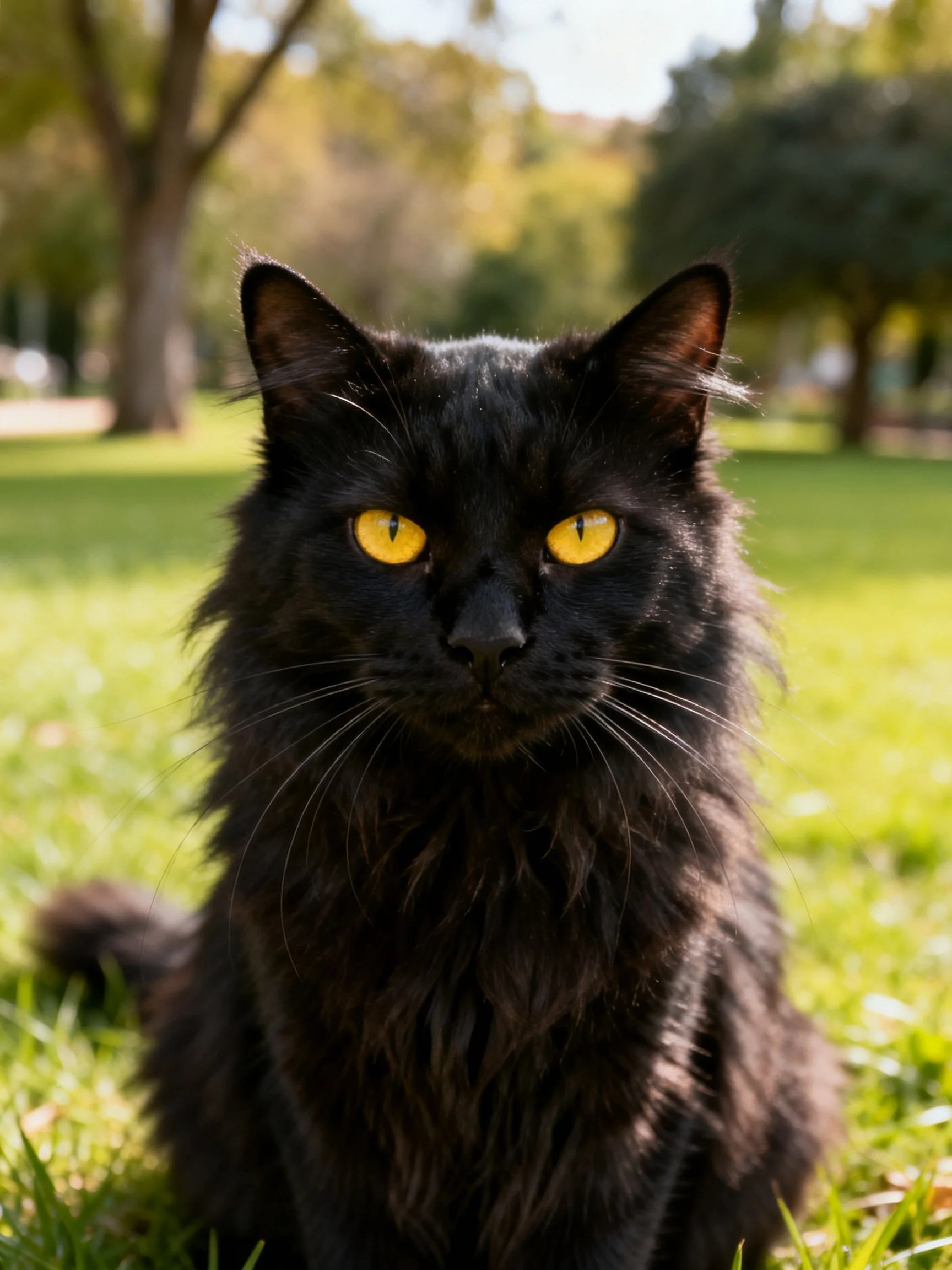 A black cat with yellow eyes rests peacefully on grass in a sunlit outdoor area.