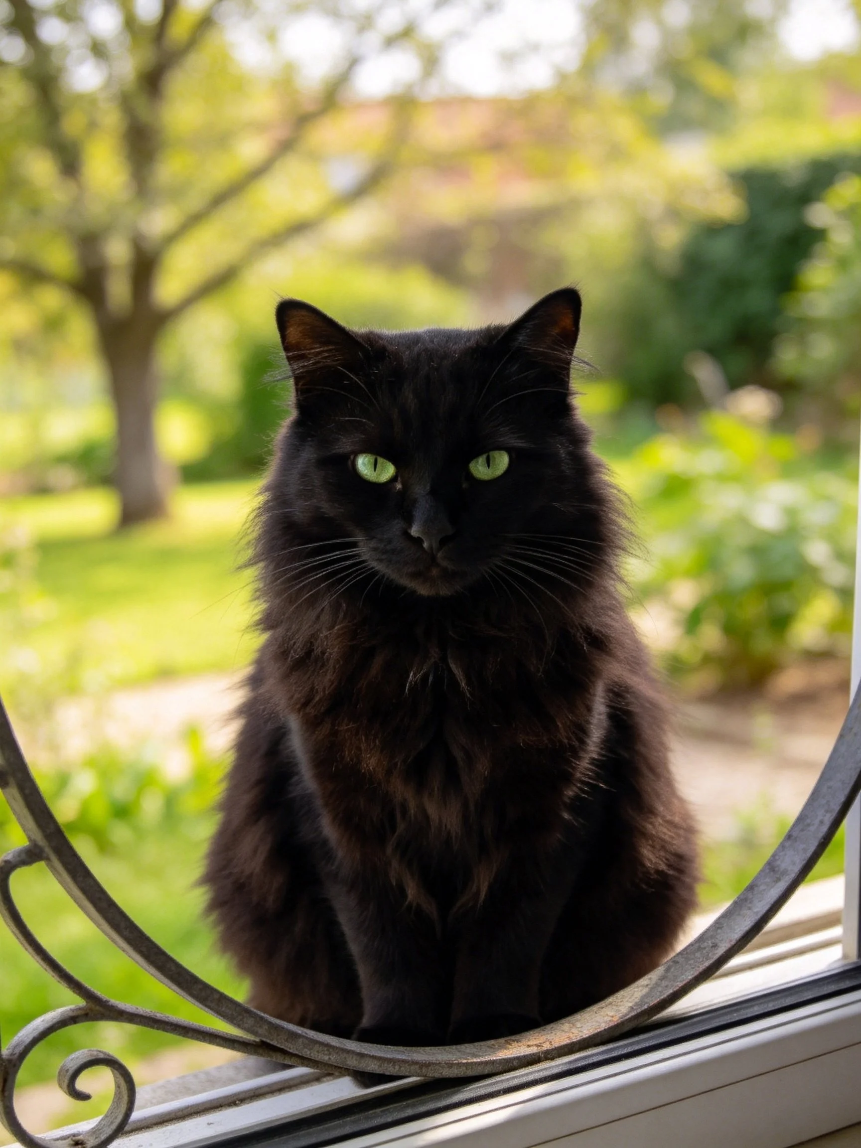 A black cat with green eyes sits by a decorative window overlooking a sunny garden.