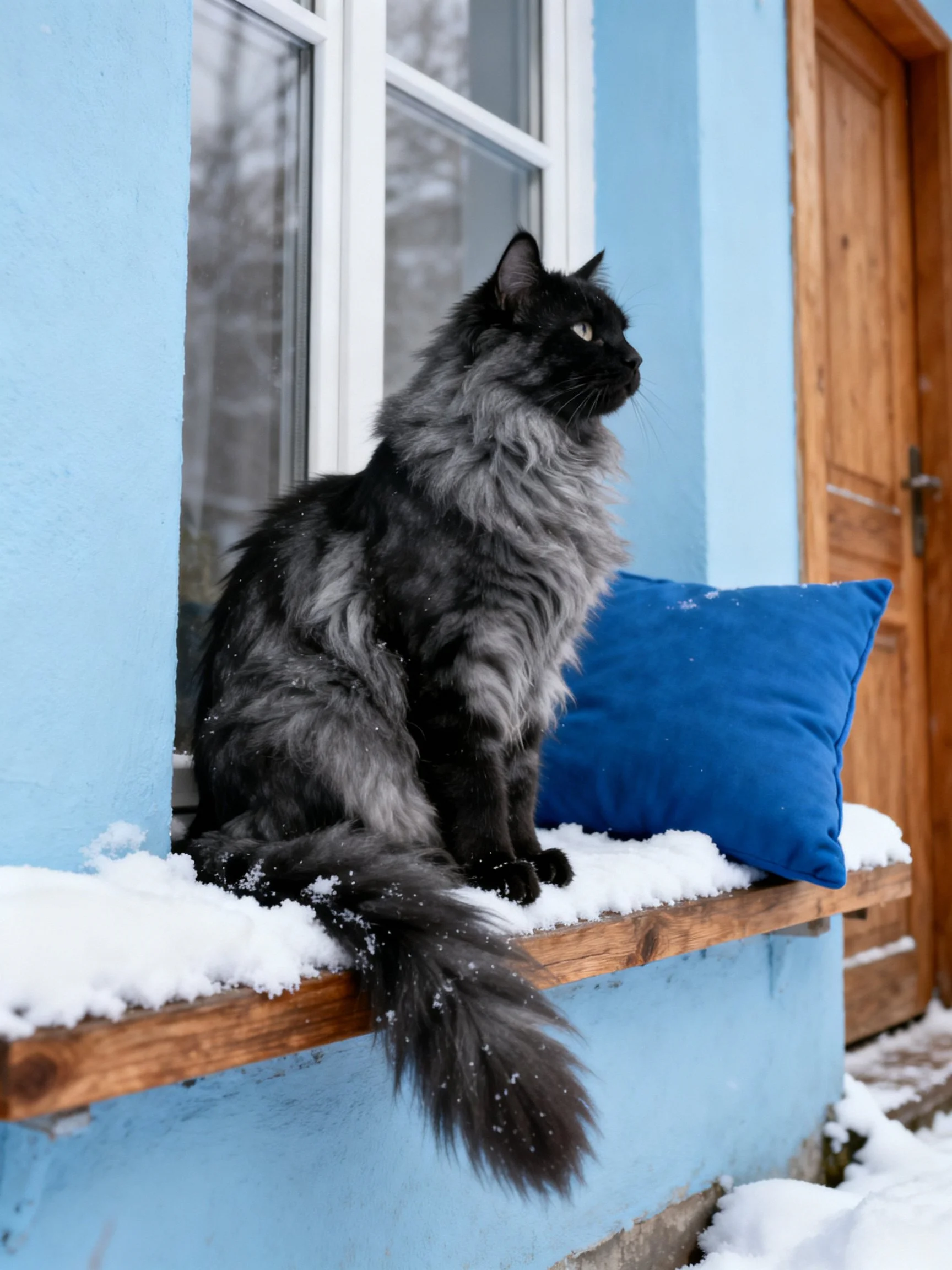A fluffy black-gray cat sits on a snow-dusted windowsill beside a blue cushion