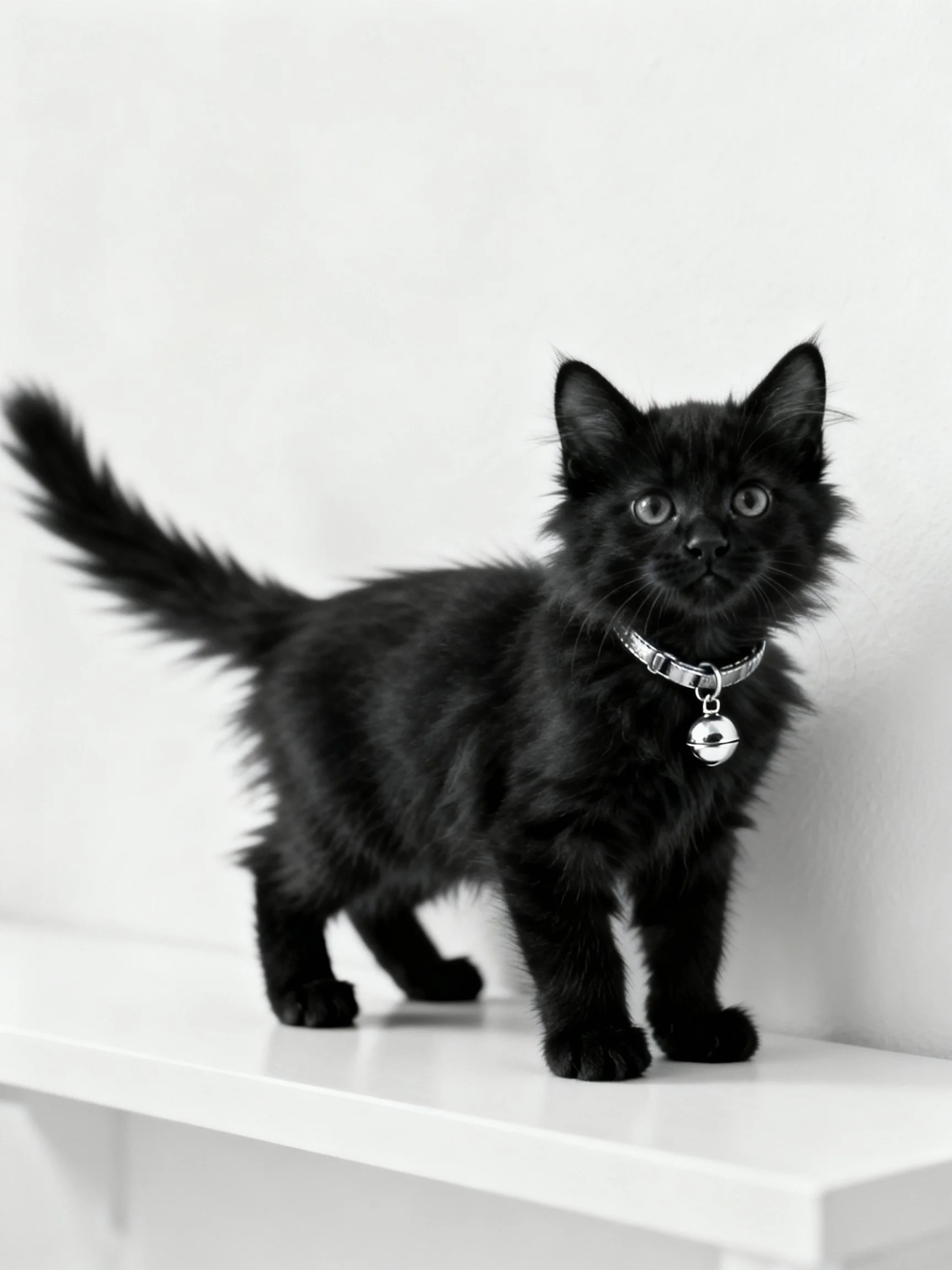 A fluffy black kitten stands on a white shelf with a bell collar