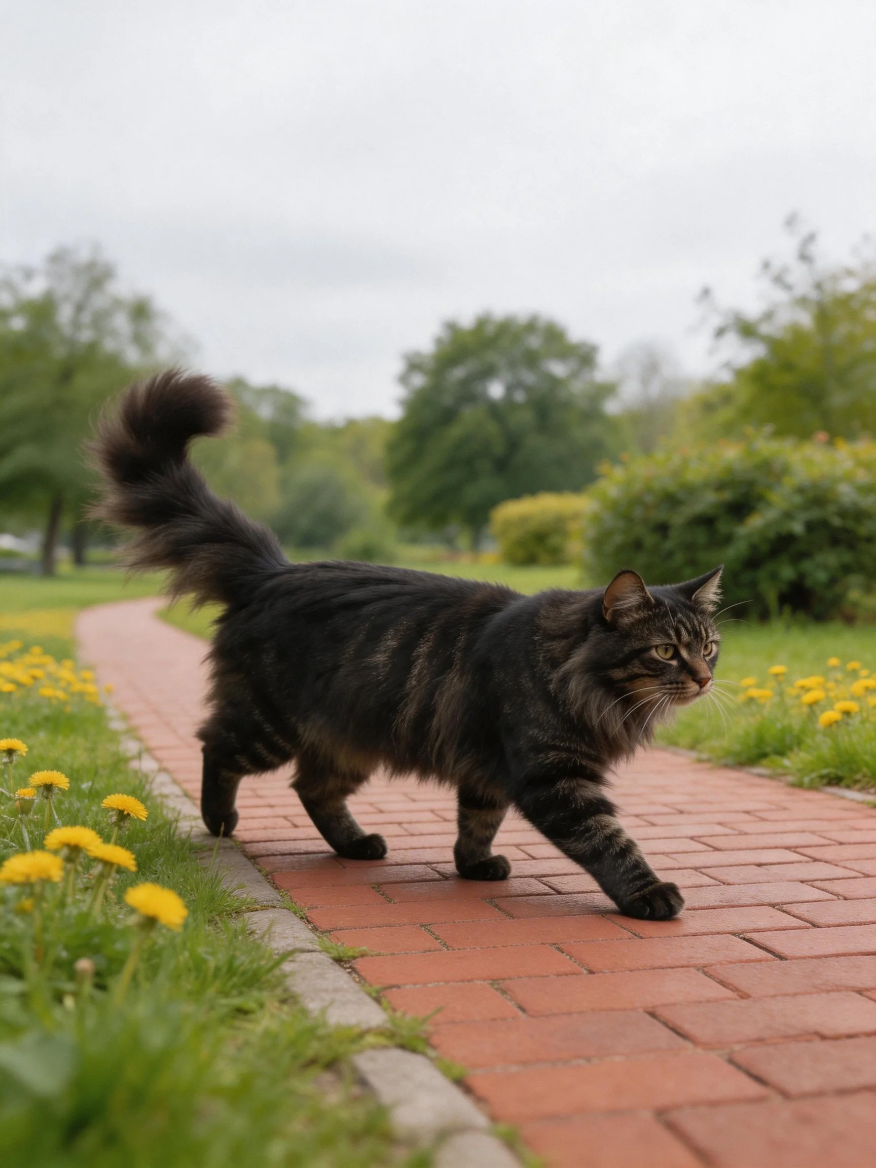 A fluffy black tabby cat walks along a brick path near yellow flowers and greenery.