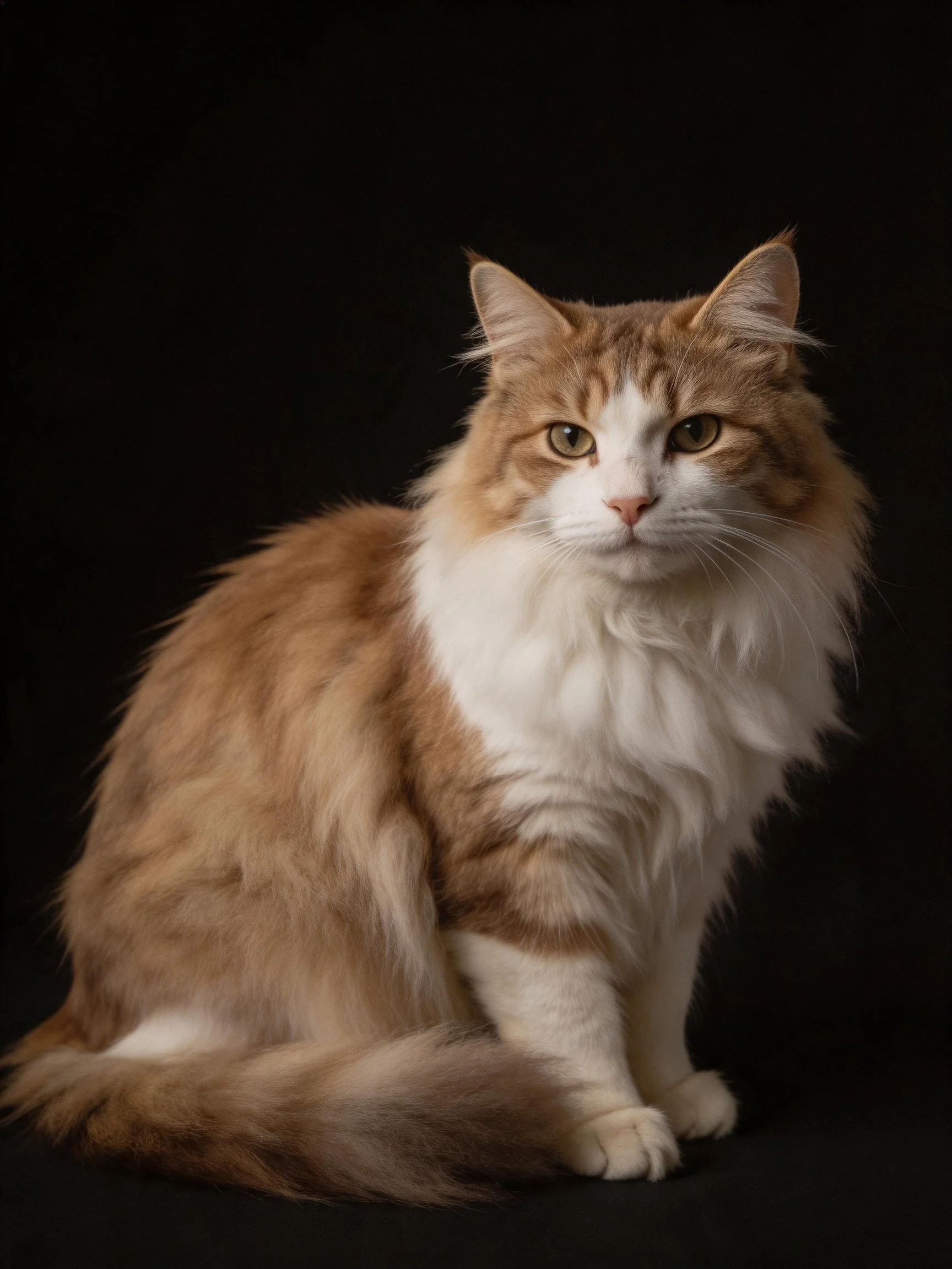 A fluffy brown and white cat sits calmly against a black backdrop.