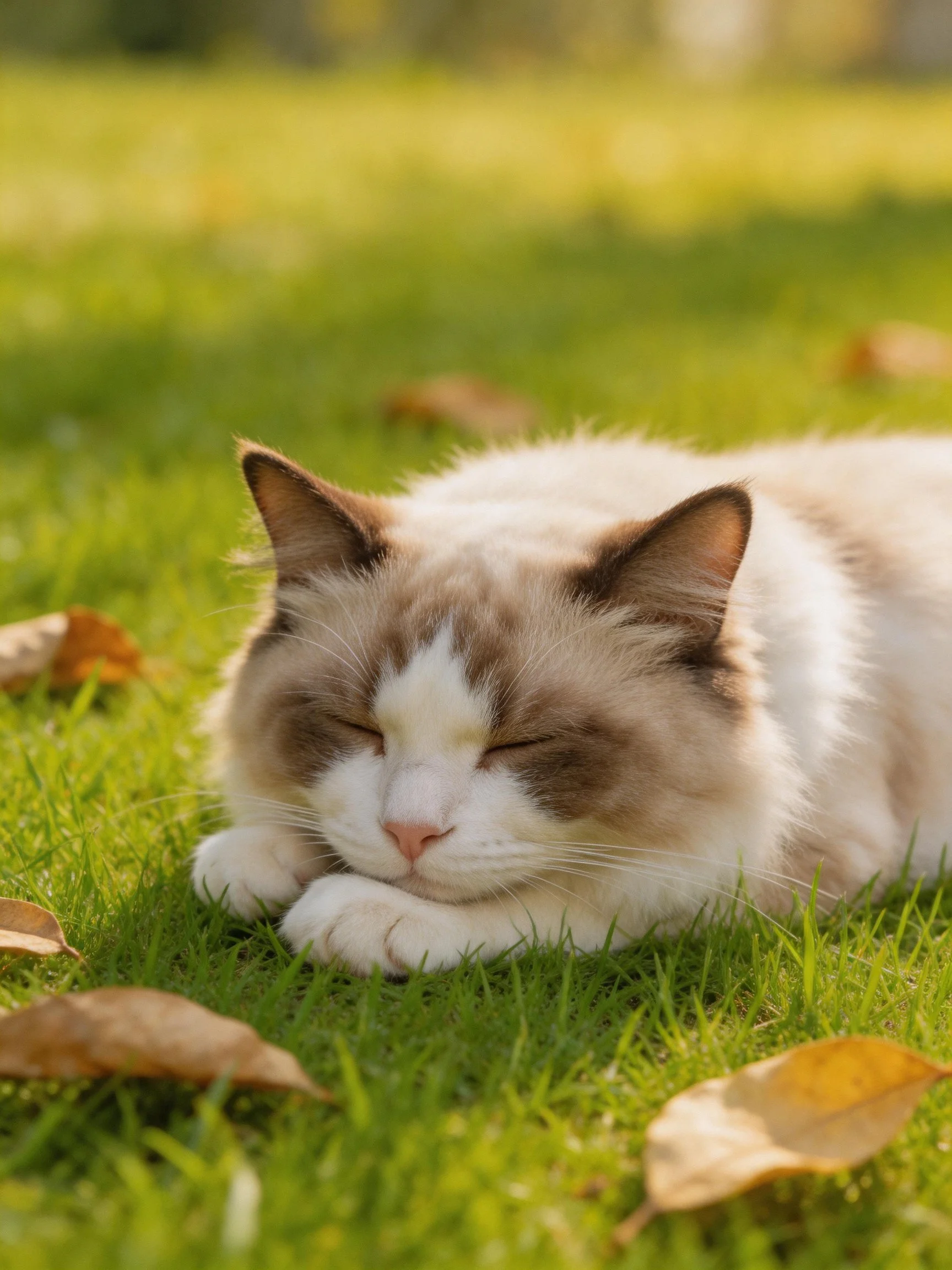 A fluffy brown-and-white cat resting on green grass with scattered leaves