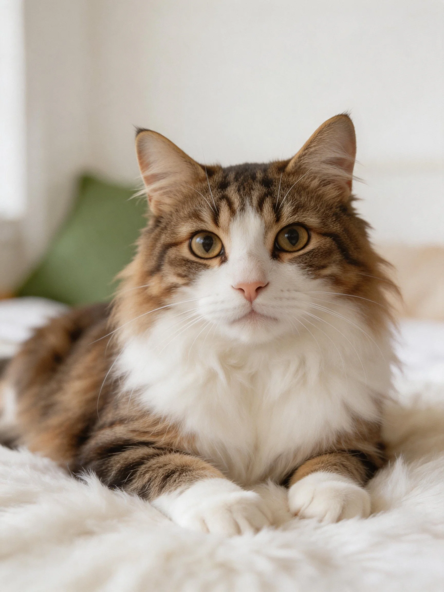 A brown and white cat relaxes on a soft surface with a green cushion nearby.