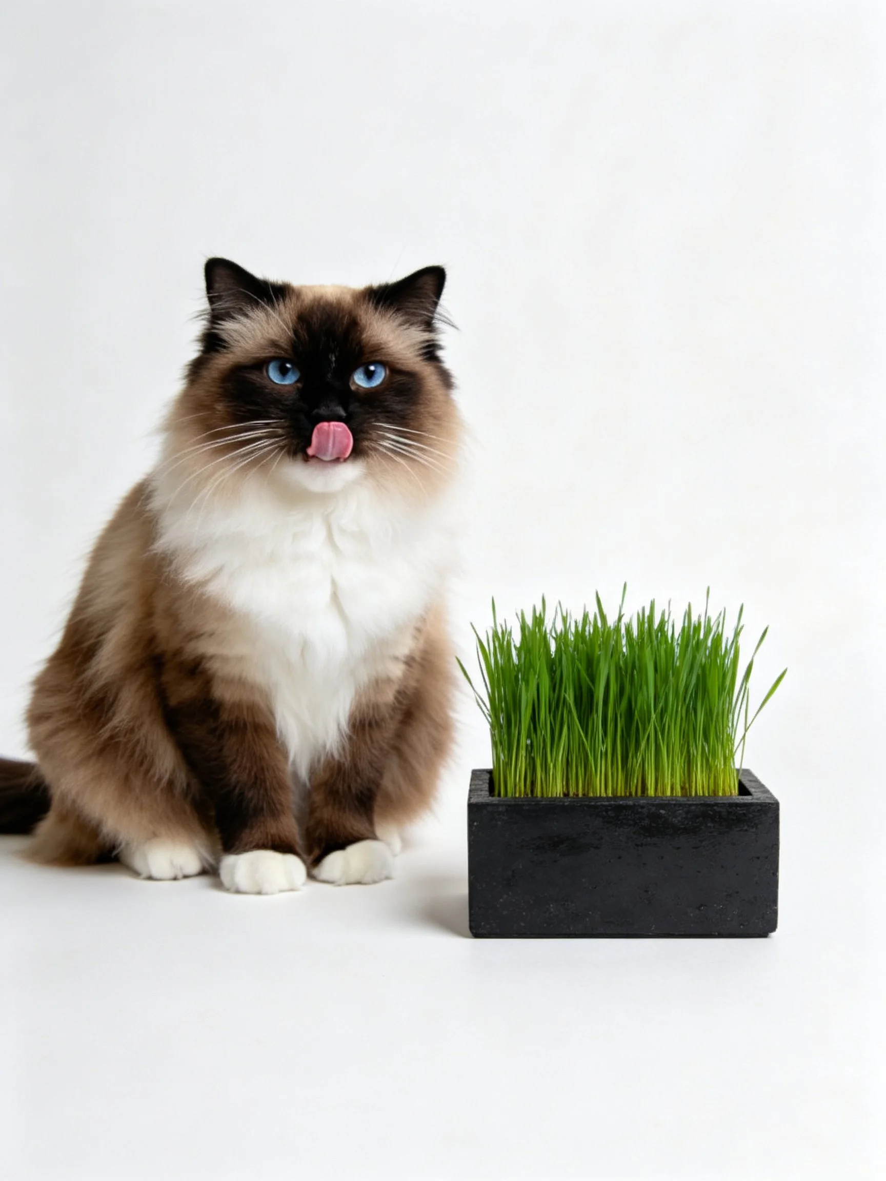 A fluffy brown and white cat sits beside a black planter with green grass