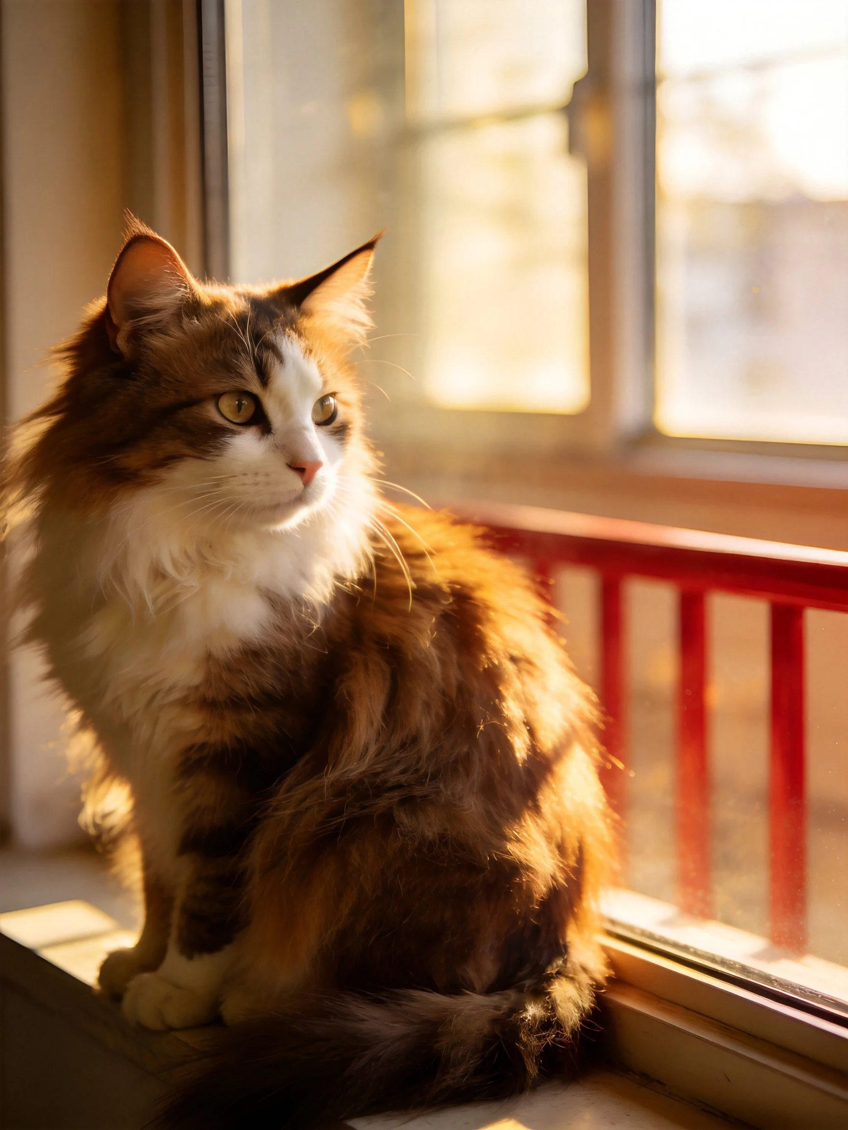 A fluffy brown and white cat sits on a sunlit windowsill near a red railing