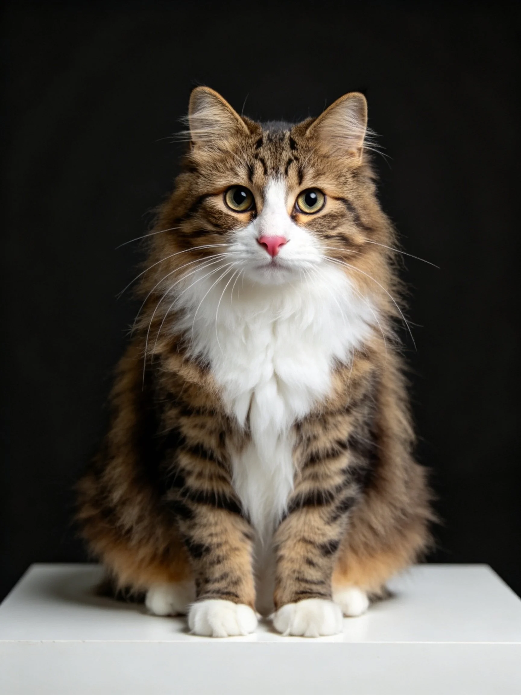 A fluffy brown and white cat sits calmly on a white platform with a dark backdrop