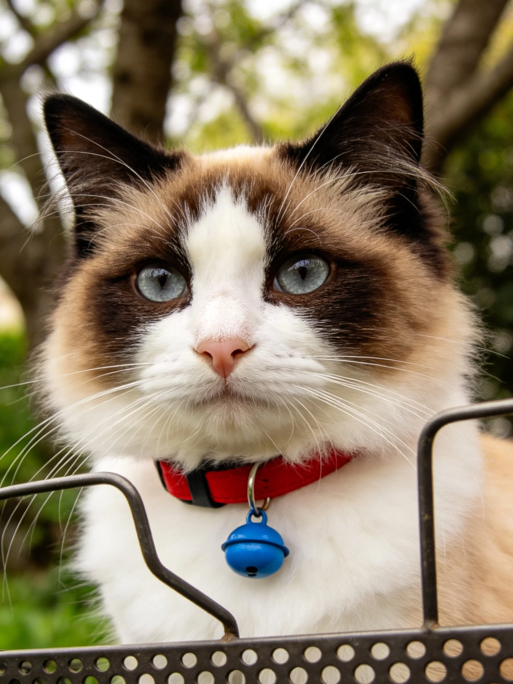 A cat with blue eyes and a red collar is near trees in an outdoor setting.