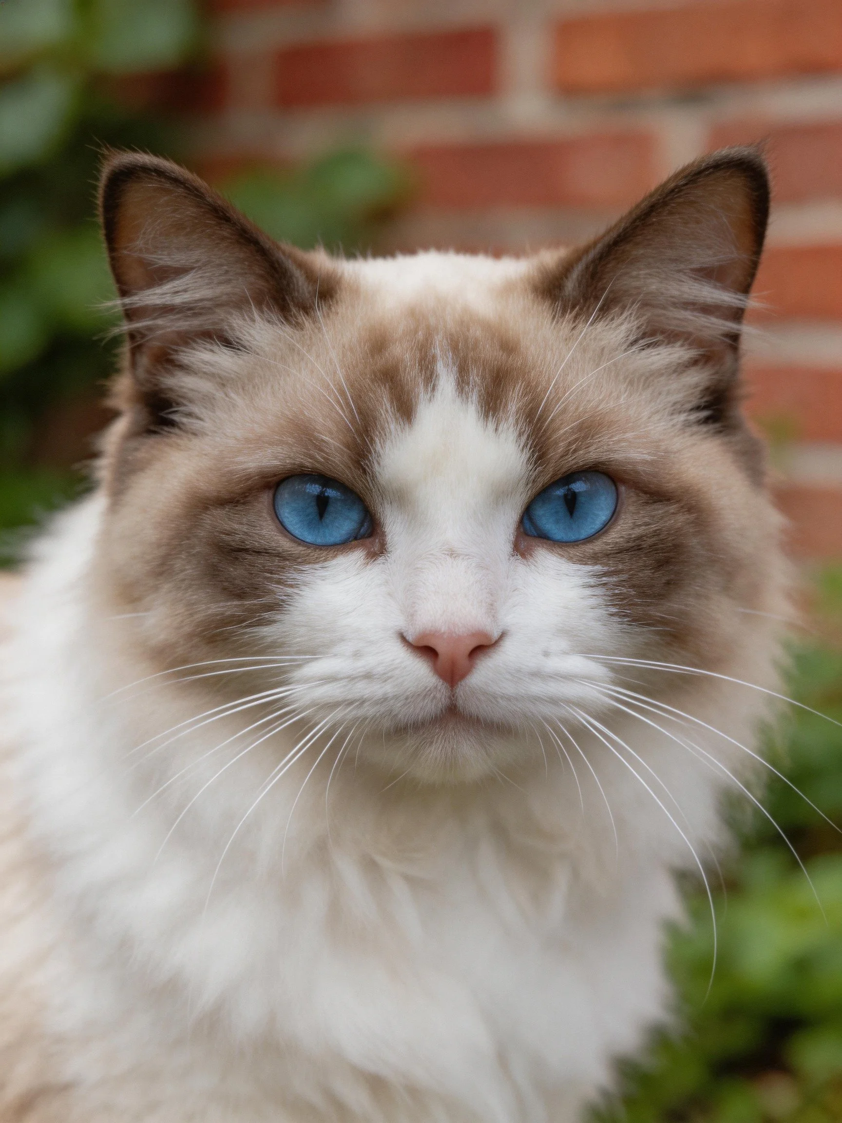 A close-up of a fluffy brown-and-white cat with blue eyes near a brick wall.