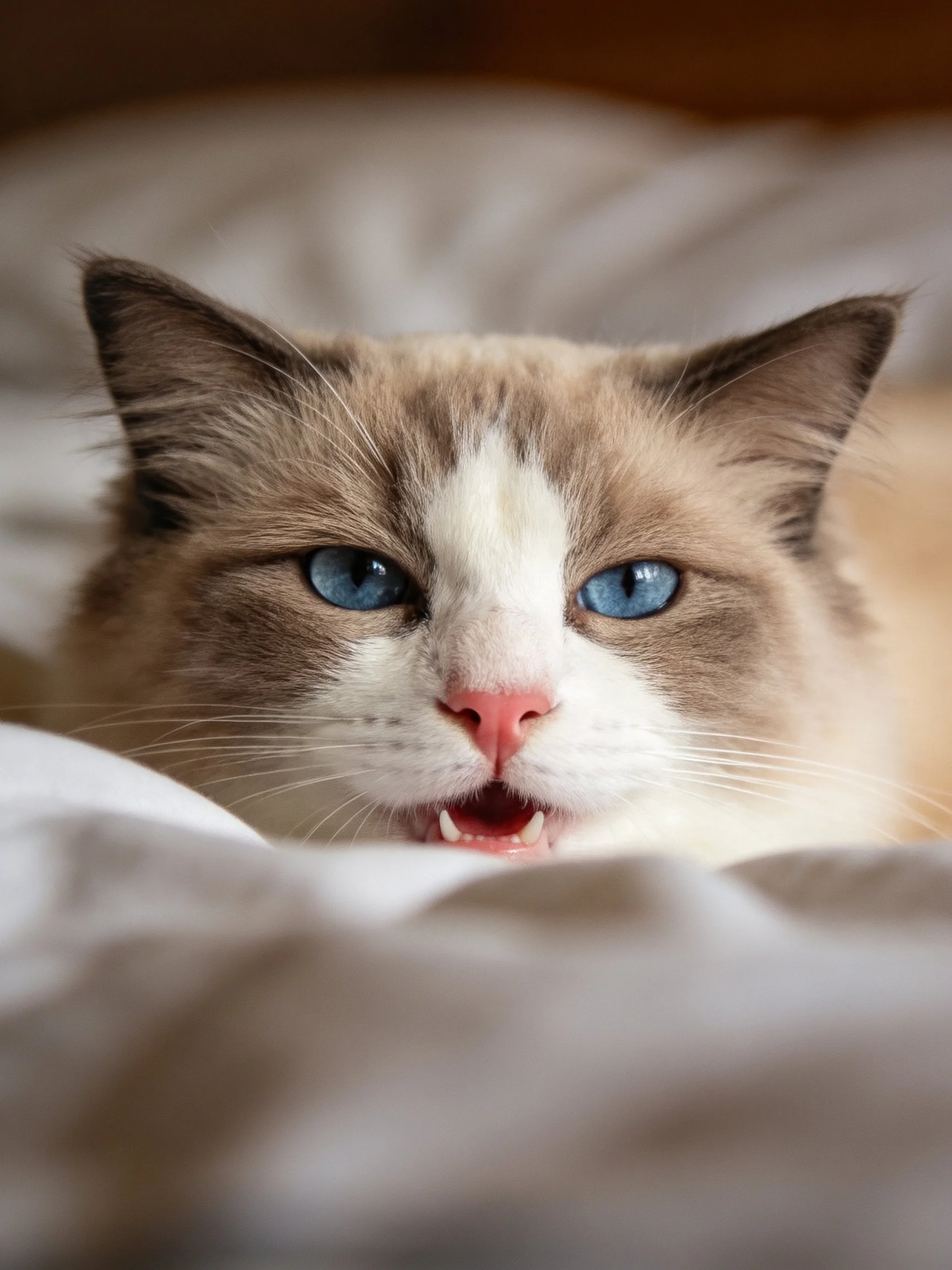 A fluffy cat with striking blue eyes relaxes amid soft textiles.