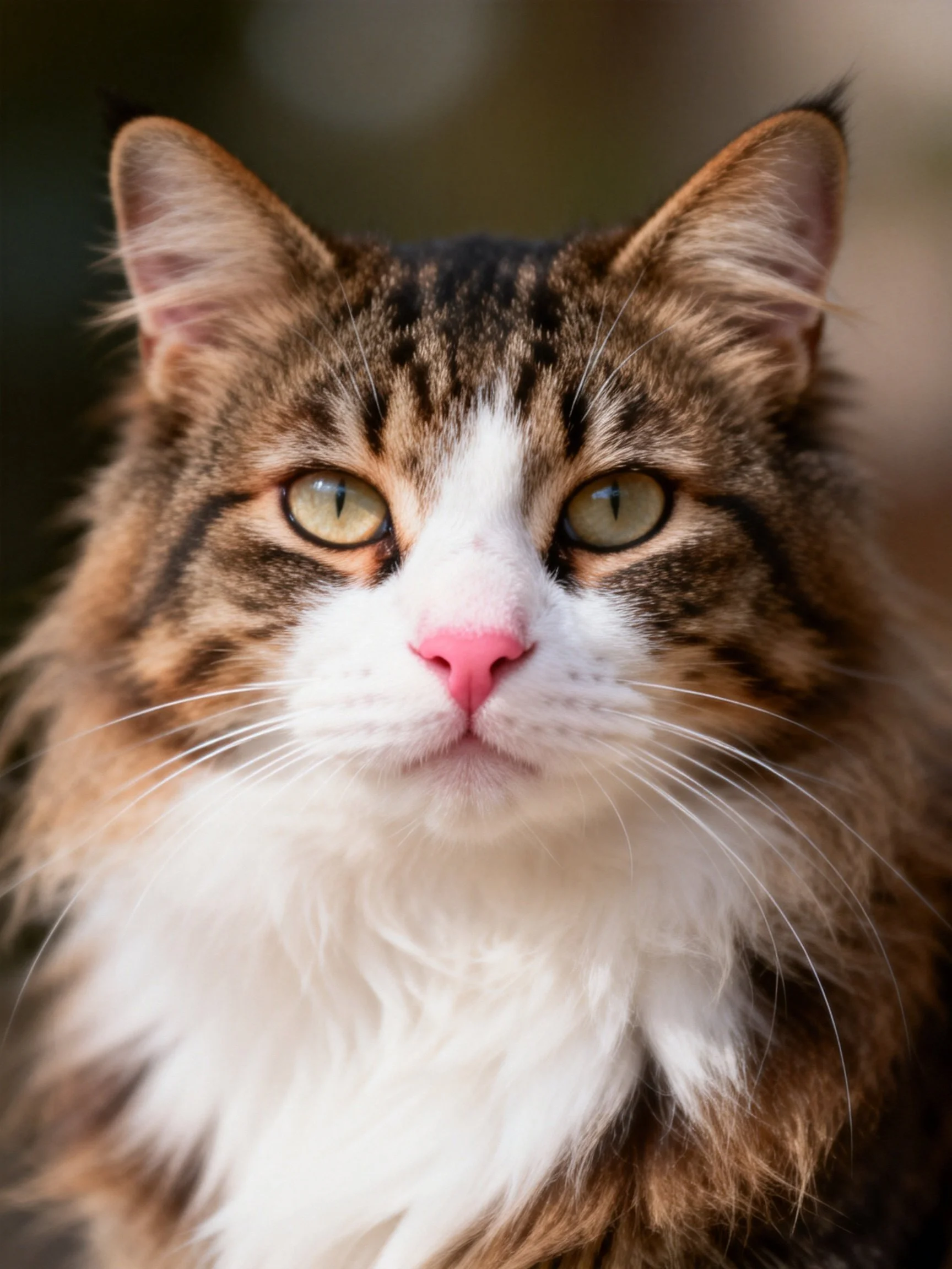 A close - up of a fluffy brown and white cat with green eyes.