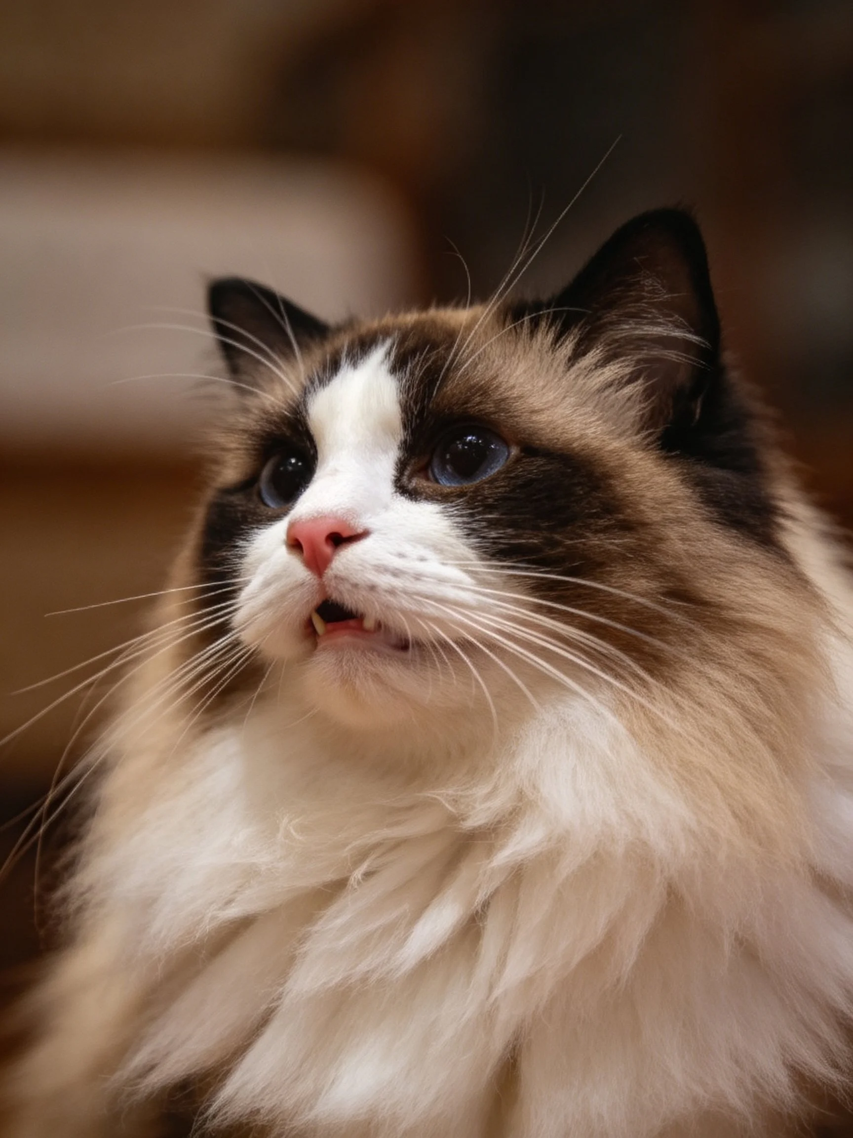 Close - up of a fluffy brown and white cat with blue eyes.