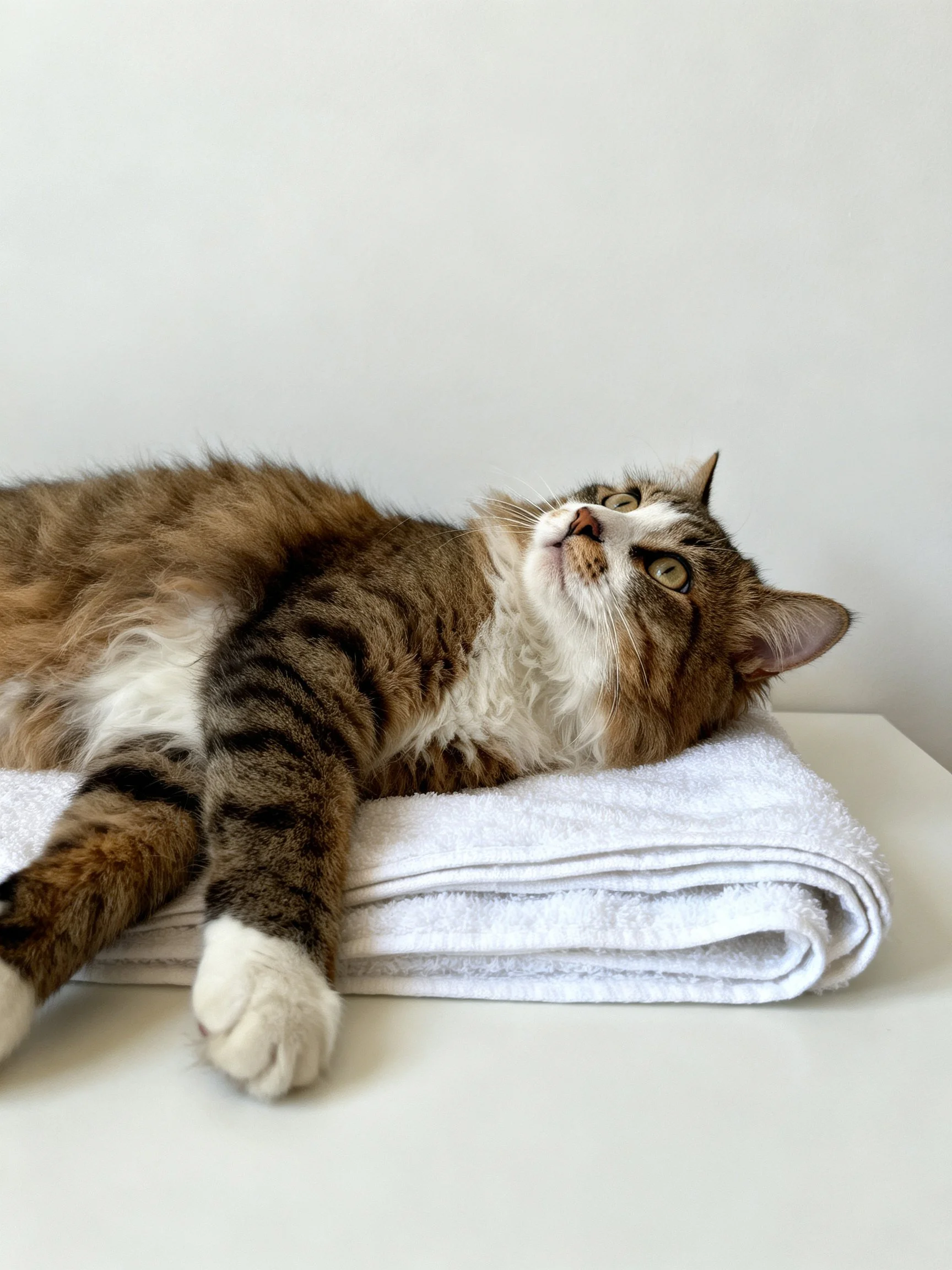 A fluffy brown and white tabby cat rests on stacked white towels