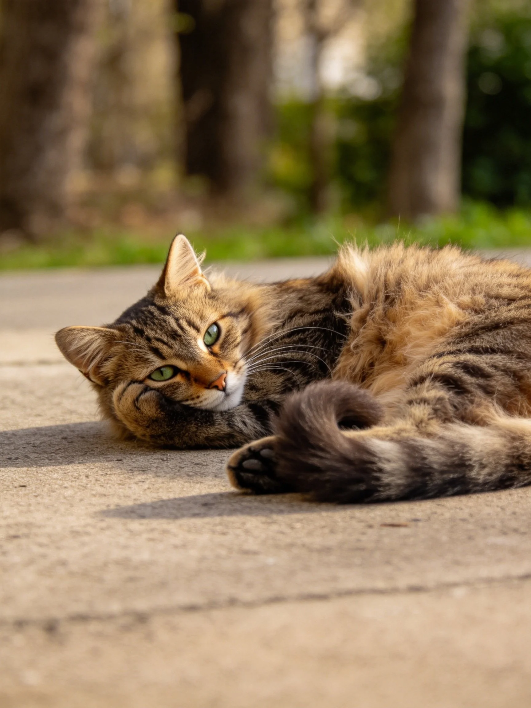 A fluffy brown tabby cat relaxes on a sunlit concrete surface outside.