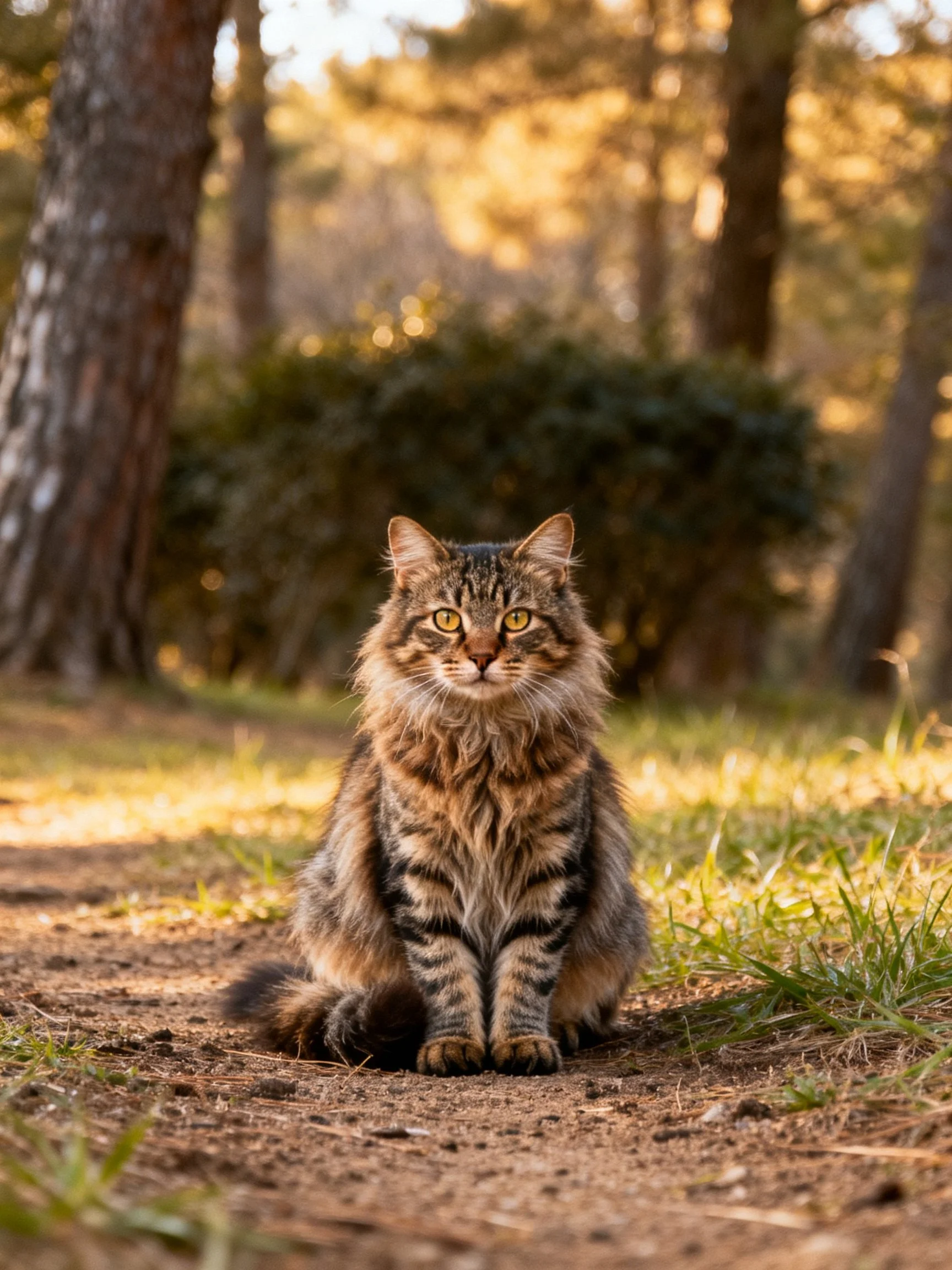 A fluffy brown-tabby cat sits in a sunlit forest clearing