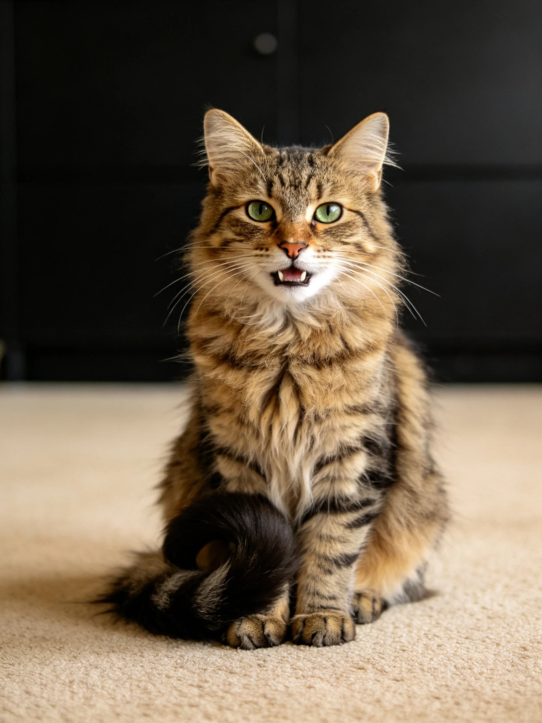 A brown tabby cat sits calmly on a beige carpet